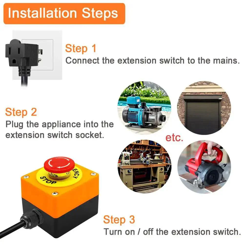 Emergency Stop Push Button Switch With 3.3 Foot 14AWG Cable And Piggyback Plug IP67 Waterproof Inline Power Emergency Button For Extension Cords AC DC 10A 125V Shuts Down Fast For Industrial Tools And Home Equipment - Image 5