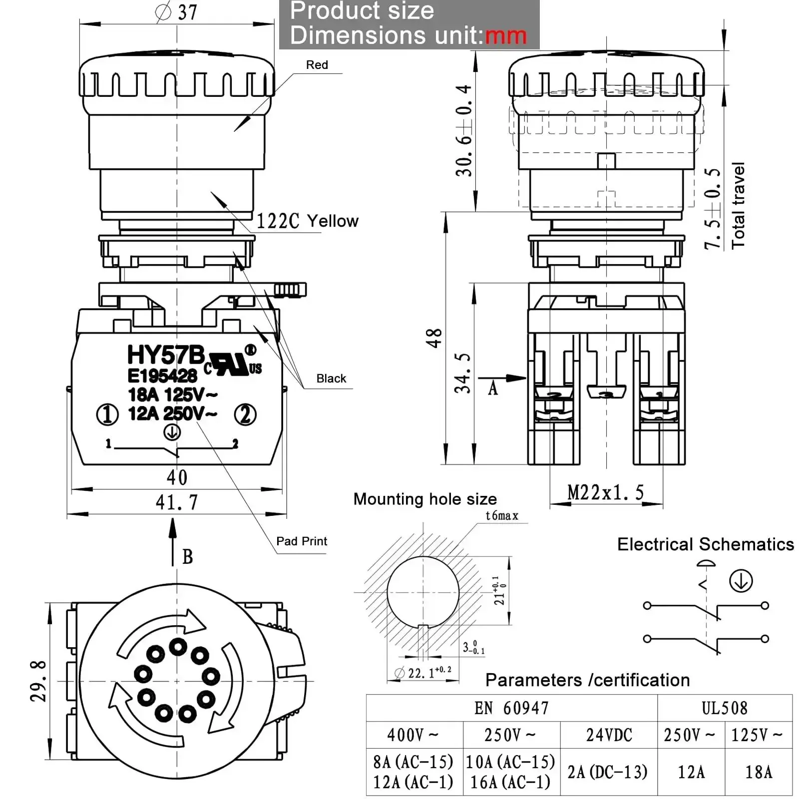 Emergency Stop Switch 18A 125V and 12A 250V, Beefy Heavy Duty E Stop With Two Terminal Tabs, Quick Power Cutoff For Log Splitters, Woodworking Machinery And Industrial Equipment, Replacement For KEDU HY57B - Image 6