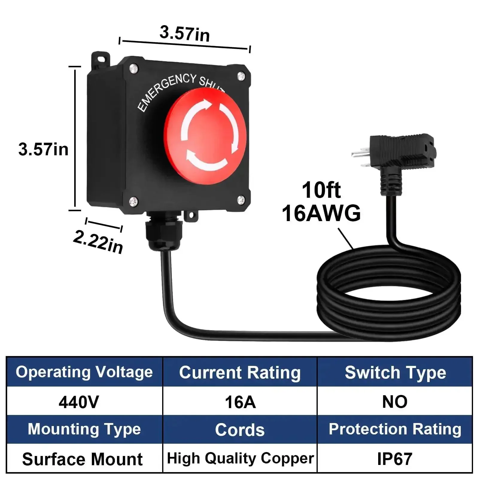 Emergency Stop Switch With 10ft Heavy Duty Cord And Big Red Button, 440V 16A, Plug In Piggyback Design For Table Saws, Routers, Drill Presses, And Other Workshop Machinery - Image 5