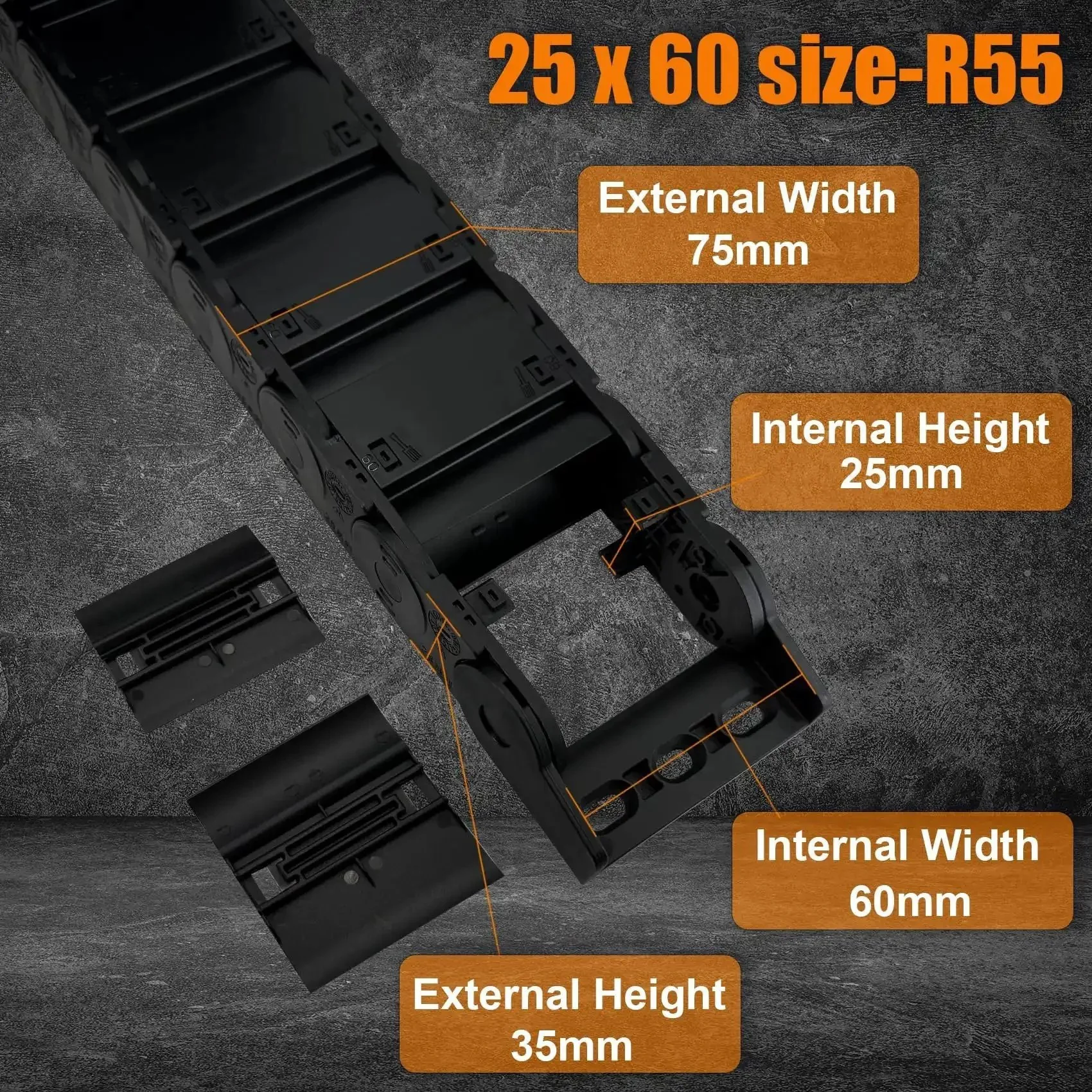 Enclosed Drag Chain Cable Carrier System For 3D Printers CNC Machines And Robotics, 25 By 60 mm Inner Height And Width, One Meter Long Boss Grade Black PA66 Nylon Wire Protection Chain, Fully Openable Design For Easy Cable Routing - Image 7