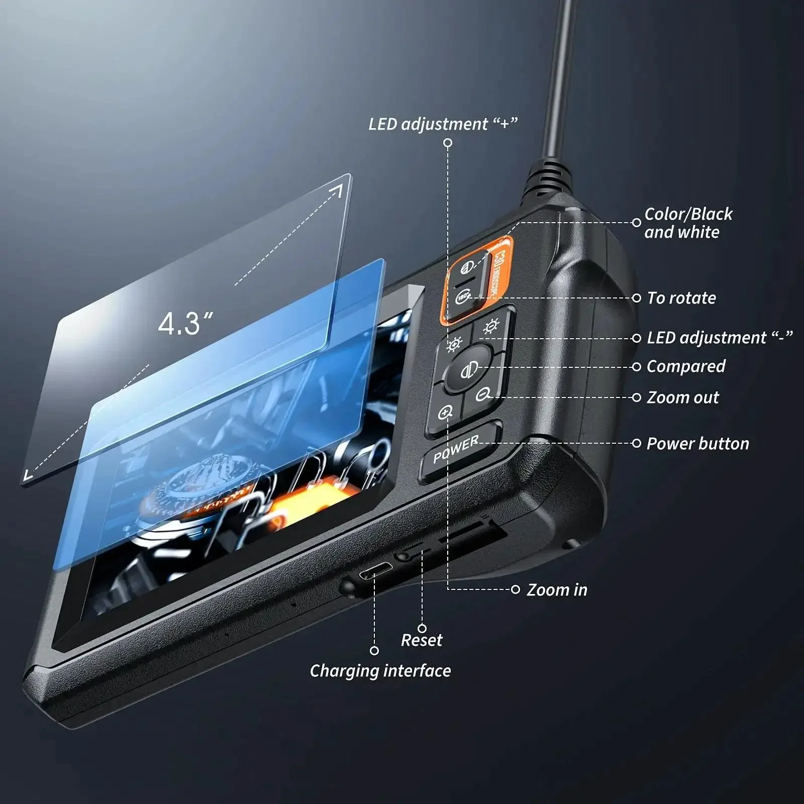 Endoscope Camera With Light For Inspections And Tight Spots Pro Grade Tool 4.3 Inch IPS Screen Delivers 1920P HD Video 8 LED Lights For Clear View 16.5 Ft SemiRigid Cord IP67 Waterproof Bore Scope For Sewer And Home Repairs Orange - Image 7