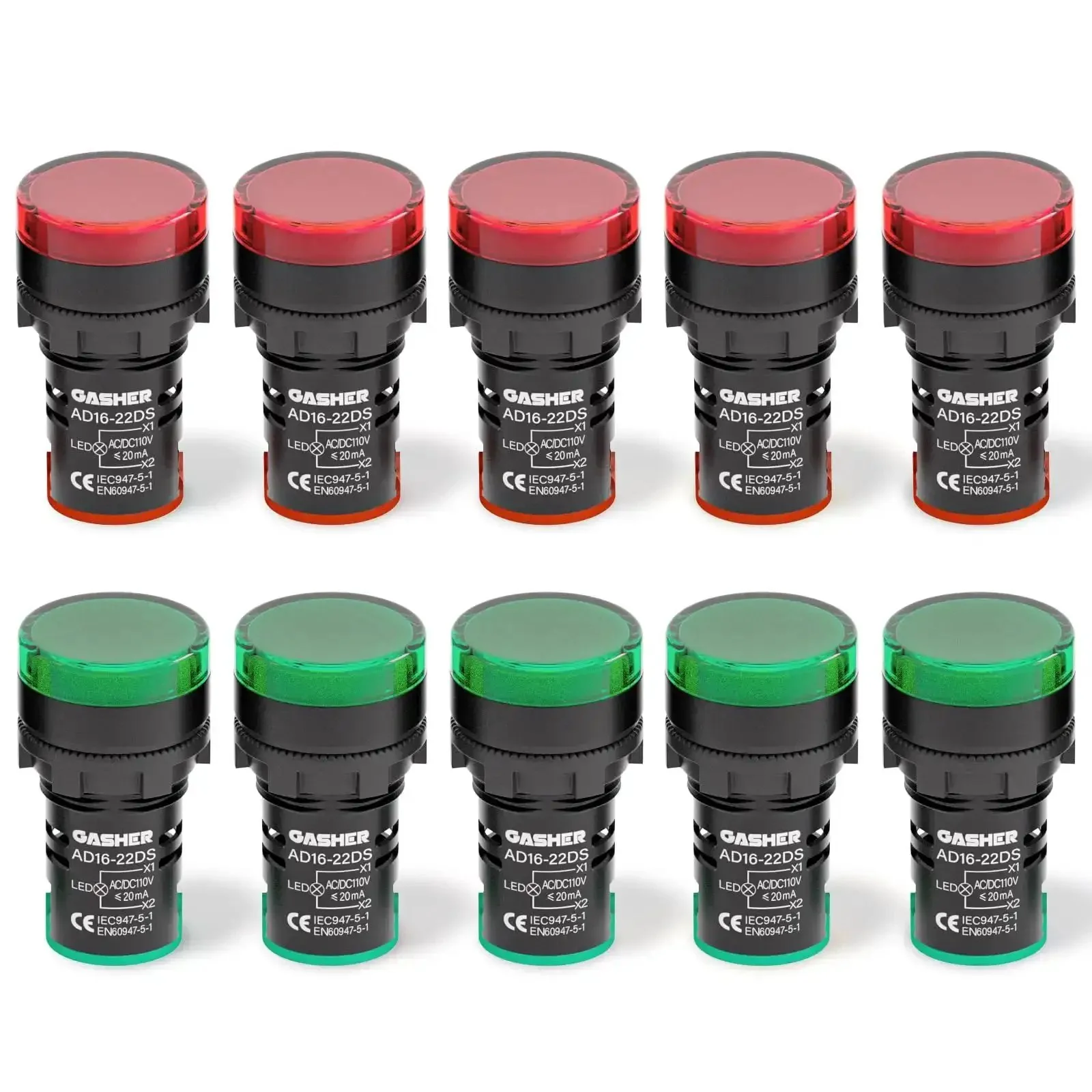 Energy Saving Indicator Lights Set For 12V, 24V And 110V Systems, 20 mA, 22 mm Mounting Hole, Red And Green High Brightness LEDs, Ideal For Power, Telecom, Machinery, Motors And Home Appliances, 10 Pcs