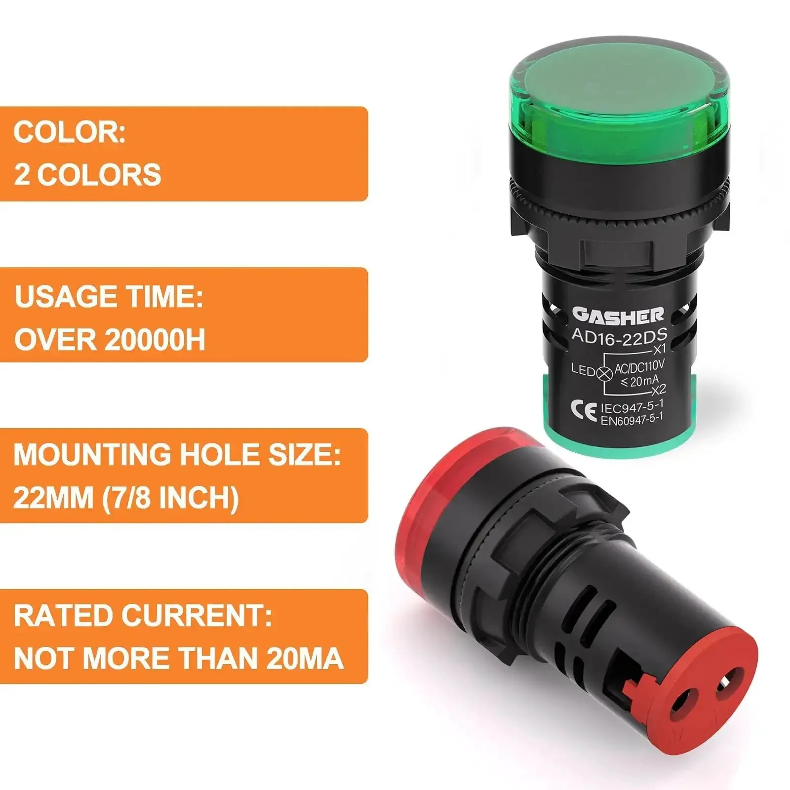 Energy Saving Indicator Lights Set For 12V, 24V And 110V Systems, 20 mA, 22 mm Mounting Hole, Red And Green High Brightness LEDs, Ideal For Power, Telecom, Machinery, Motors And Home Appliances, 10 Pcs - Image 4