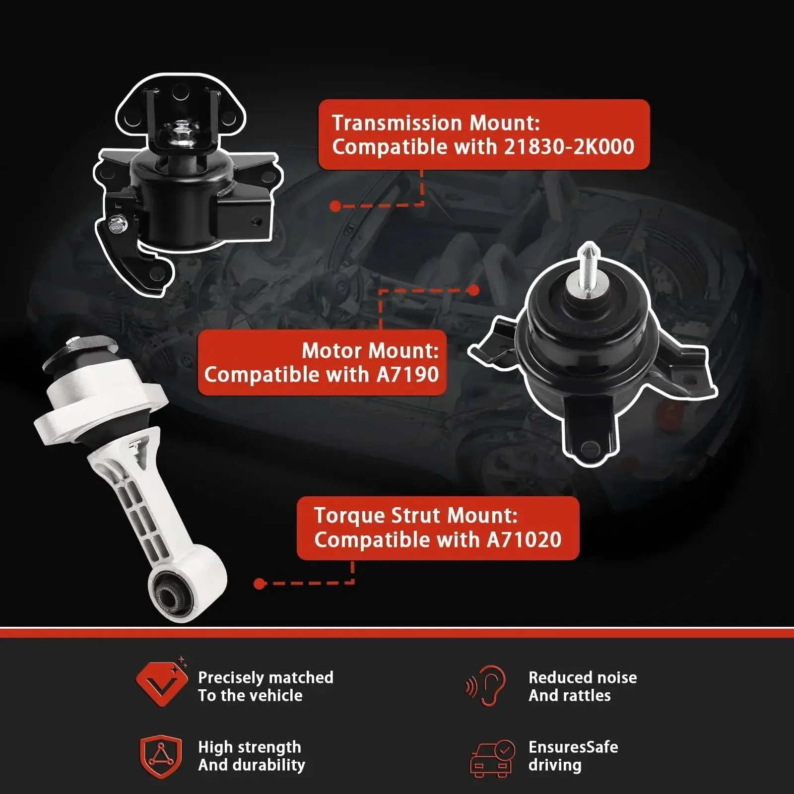 Engine And Transmission Mount Kit For Kia Soul 2010 2011 2012 2013 1.6L And 2010 2011 2.0L L4 Reusable Bracket Set 3pc OE A7190 A71078WO A71020 Durable Steel And Rubber Construction - Image 7