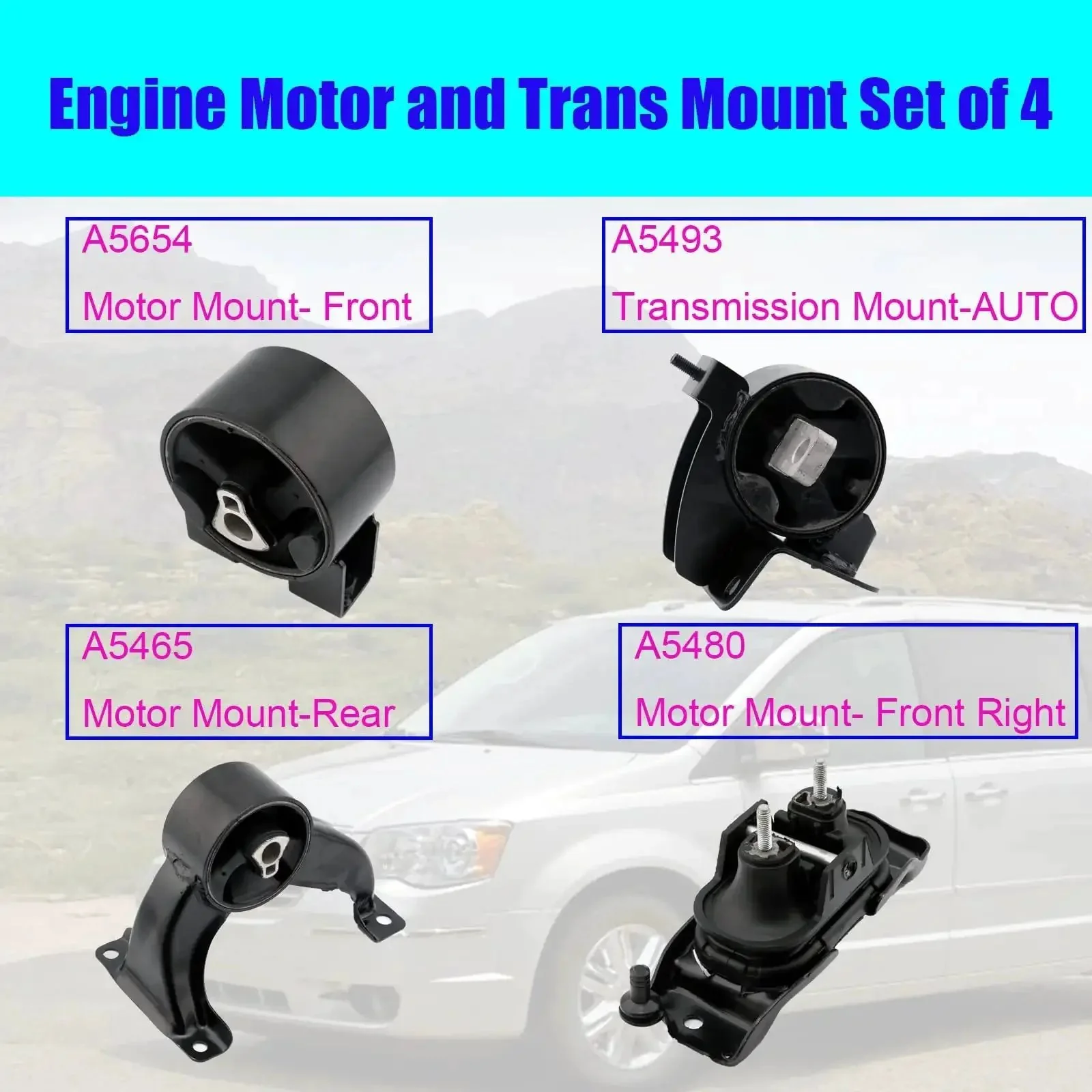 Engine Mount Set Of Four For 2008 2009 2010 Chrysler Town And Country And Dodge Grand Caravan 3.3L 3.8L 4.0L Replaces OE A5654 A5480 A5465 A5493 Motor And Transmission Mounts - Image 6
