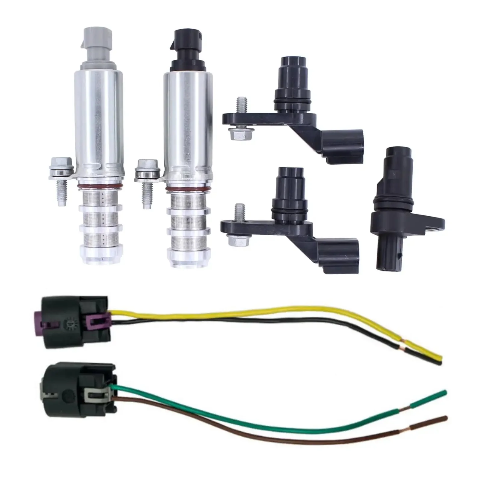 Engine VVT Solenoid Kit With Wire Connector For Chevy GMC Buick Pontiac Cars And SUVs Like Terrain Verano Regal Malibu HHR G6 Cobalt Captiva Aura Ion Vue LaCrosse And More Include Intake Exhaust Camshaft Position Sensor And Actuator