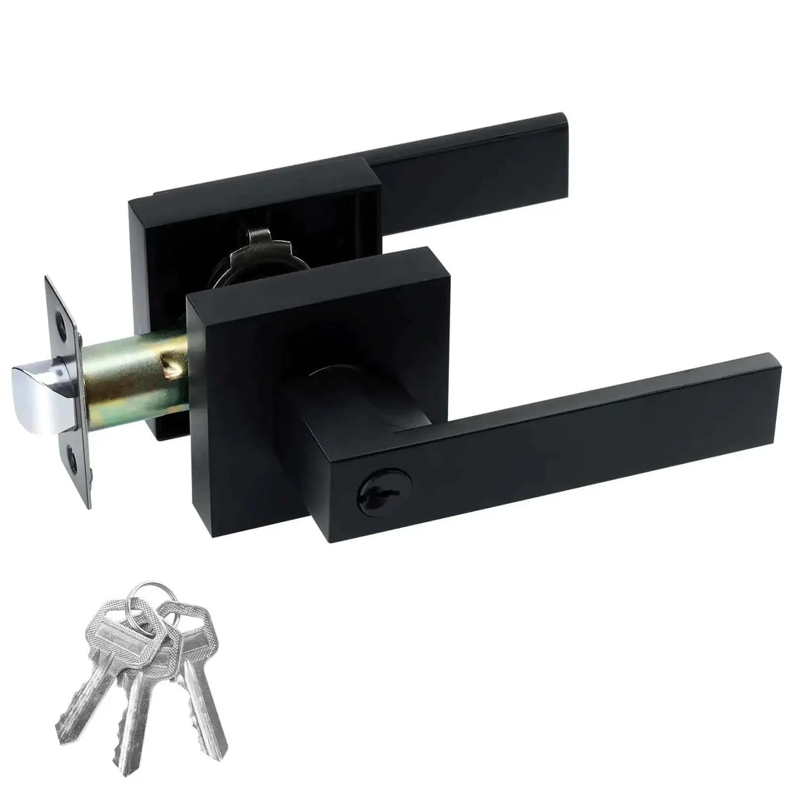 Entry Door Lock Set With Square Door Lever For Bedroom And Privacy, Heavy Duty Interior Exterior Door Knob, ANSI Grade 3, Zinc Alloy And Brass Build, Matte Black Finish, DIY Install, No Pros Needed