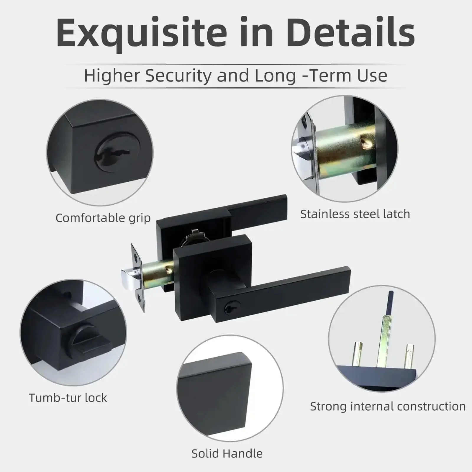Entry Door Lock Set With Square Door Lever For Bedroom And Privacy, Heavy Duty Interior Exterior Door Knob, ANSI Grade 3, Zinc Alloy And Brass Build, Matte Black Finish, DIY Install, No Pros Needed - Image 4