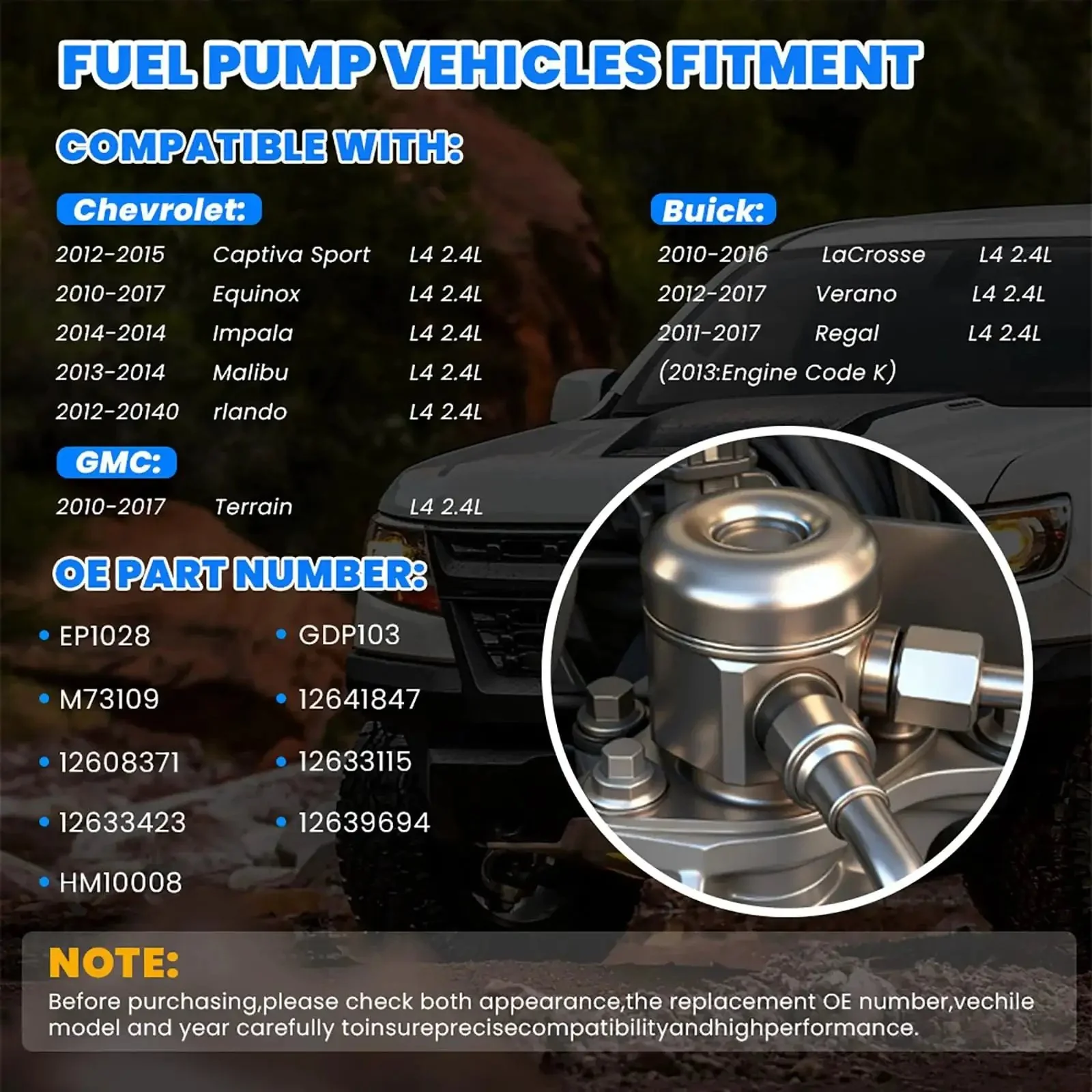 EP1028 High Pressure Fuel Pump Plug And Play Compatible With 2010 To 2017 2 4L Buick LaCrosse Regal Verano Chevy Equinox Malibu GMC Terrain Direct Injection Fuel Pump Assembly Part Numbers 12641847 And 12639694 - Image 7