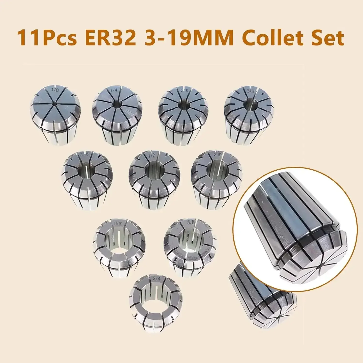 ER32 Collet Chuck Holder Set With 11 Collets 1/8 To 3/4 Inch And Wrench, Pro Grade CNC Engraving And Milling Lathe Tool Kit, Built From High Grade Alloy Steel, Ultra Precise 0.0005 Inch Tolerance - Image 4