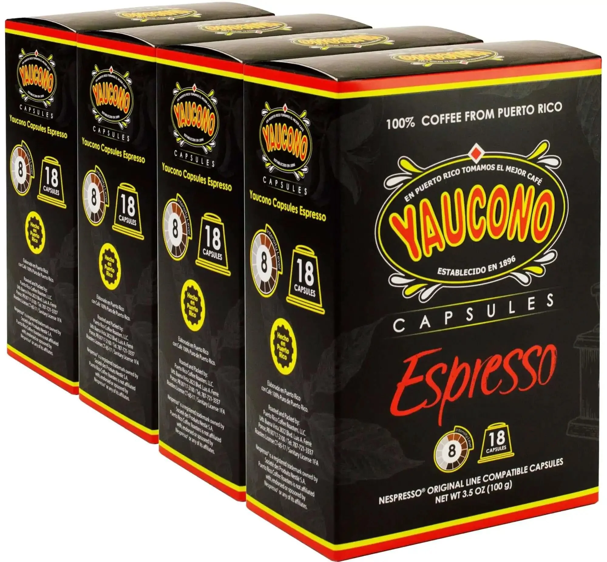 Espresso Capsule Pods for Nespresso Machines 72 Count Pack in Four Resealable Boxes 100 Percent Puerto Rico Coffee Intense Espresso Roast Level 8 Smooth Bold Flavor for Everyday Brews