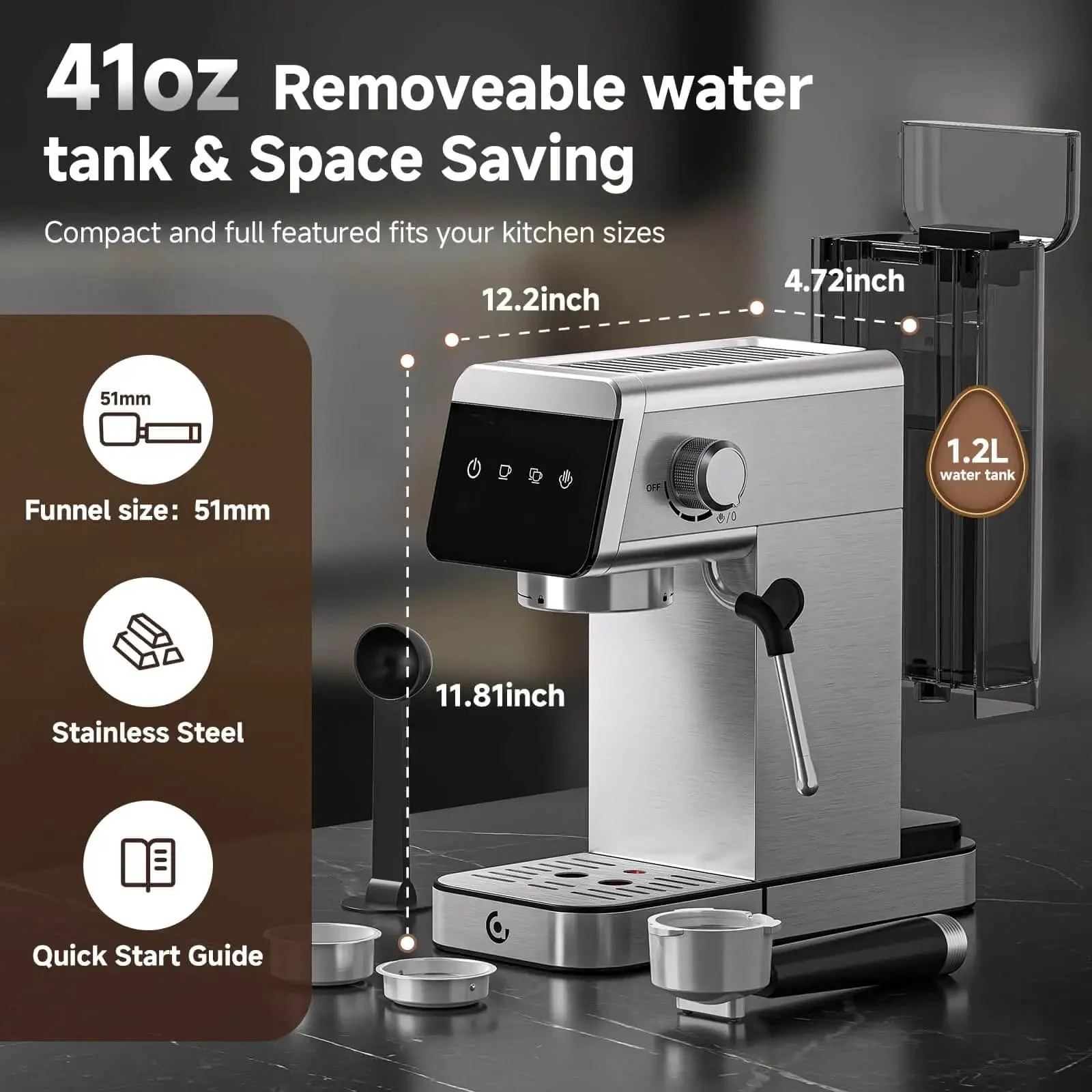 Espresso Coffee Machine With 20 Bar Pressure, LED Touch Screen, Compact Design For Home And Office, 41oz Water Tank, One Touch Or Manual Brew, Fast Heat Up, Rich Crema And Smooth Flavor For Quick Barista At Home - Image 3