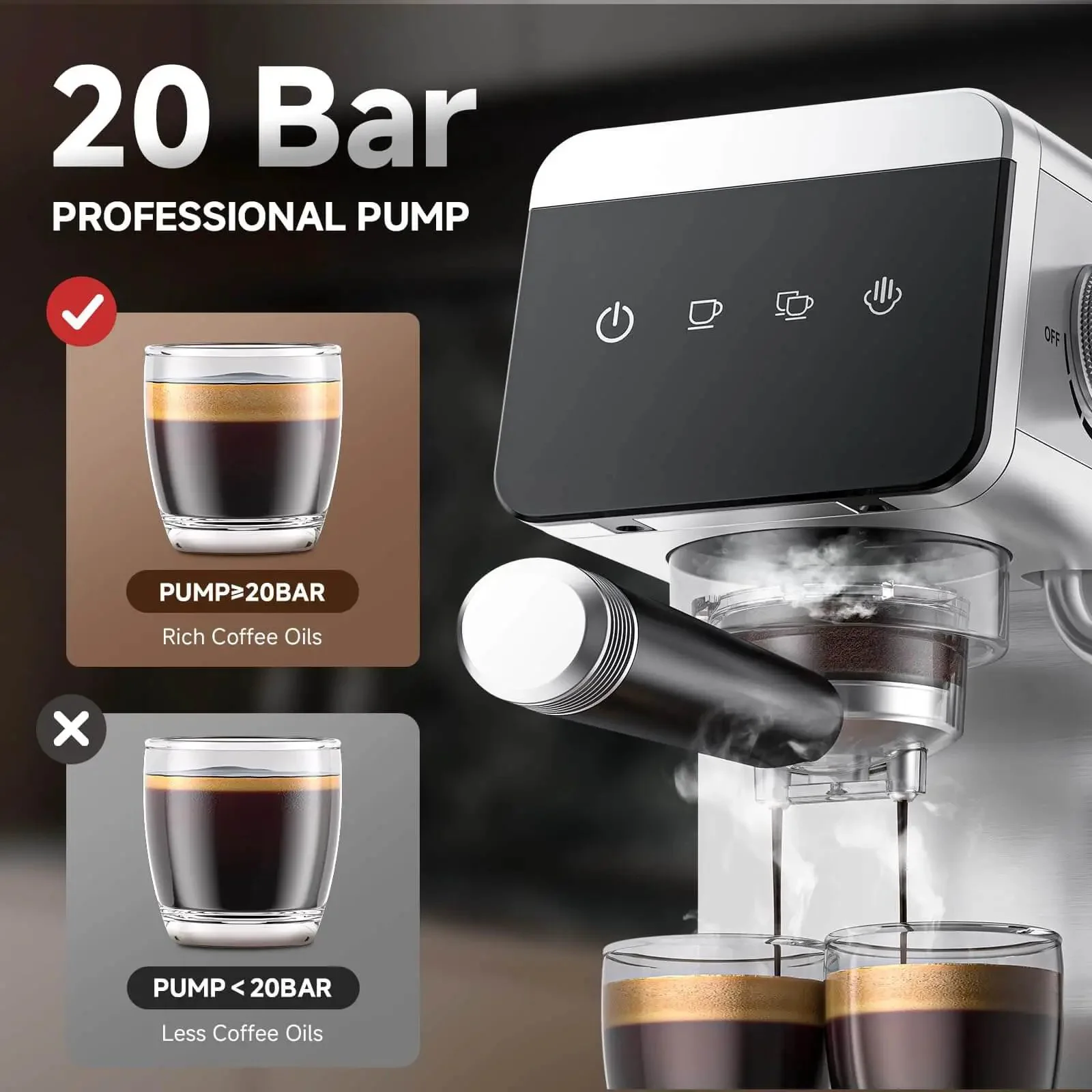 Espresso Coffee Machine With 20 Bar Pressure, LED Touch Screen, Compact Design For Home And Office, 41oz Water Tank, One Touch Or Manual Brew, Fast Heat Up, Rich Crema And Smooth Flavor For Quick Barista At Home - Image 6