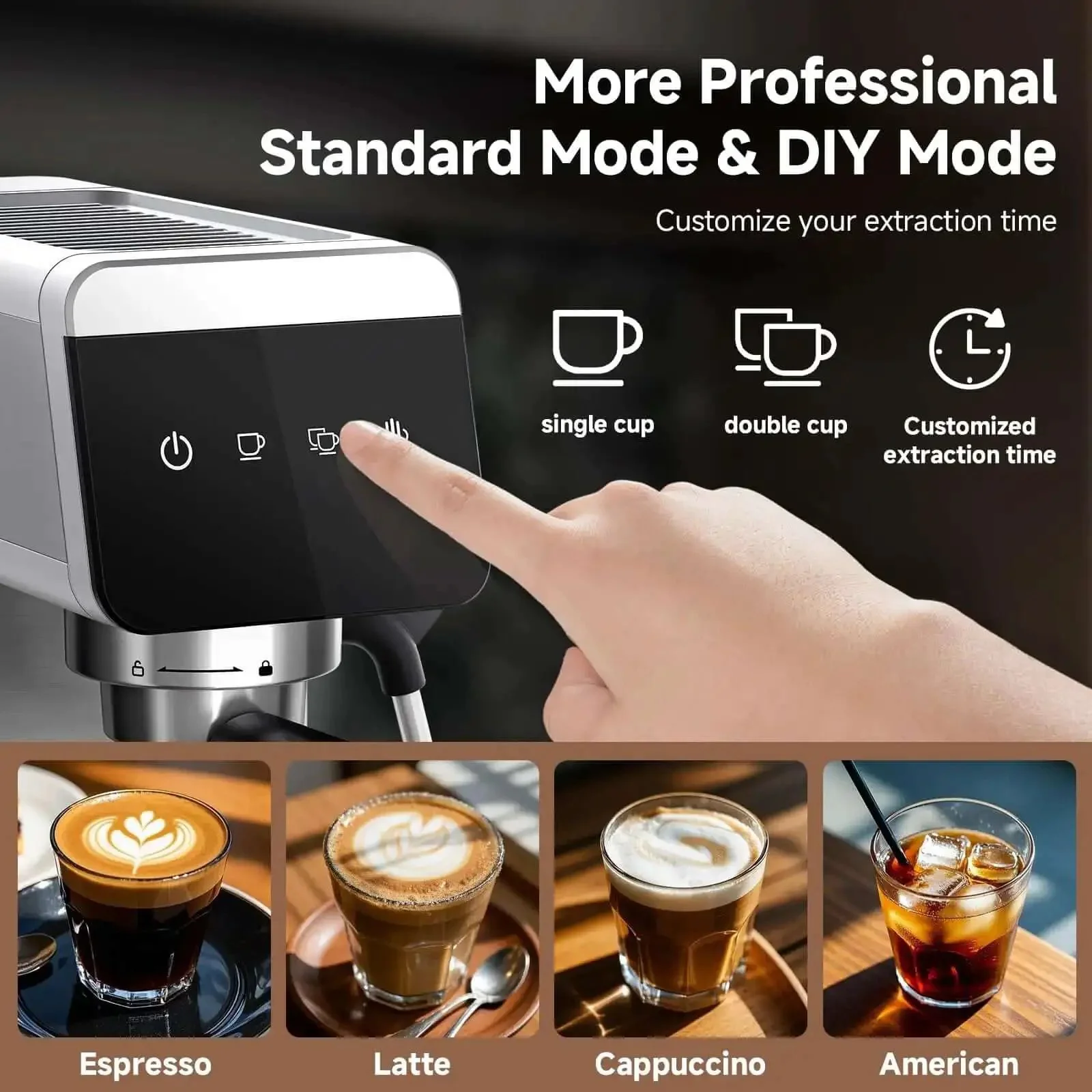 Espresso Coffee Machine With 20 Bar Pressure, LED Touch Screen, Compact Design For Home And Office, 41oz Water Tank, One Touch Or Manual Brew, Fast Heat Up, Rich Crema And Smooth Flavor For Quick Barista At Home - Image 7