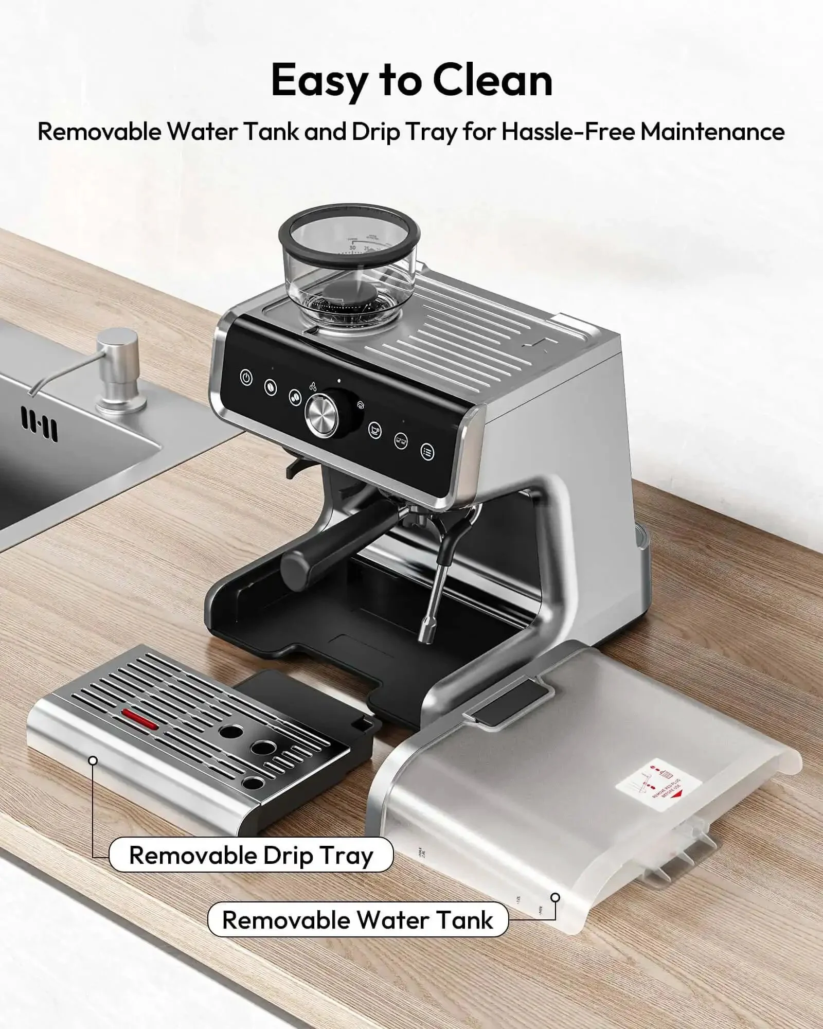 Espresso Machine With Built In Grinder And Milk Frother 20 Bar Coffee Maker For Home Baristas Removable Water Tank Anti Clog Grinding System Latte And Cappuccino Maker For Barista Quality Shots - Image 4