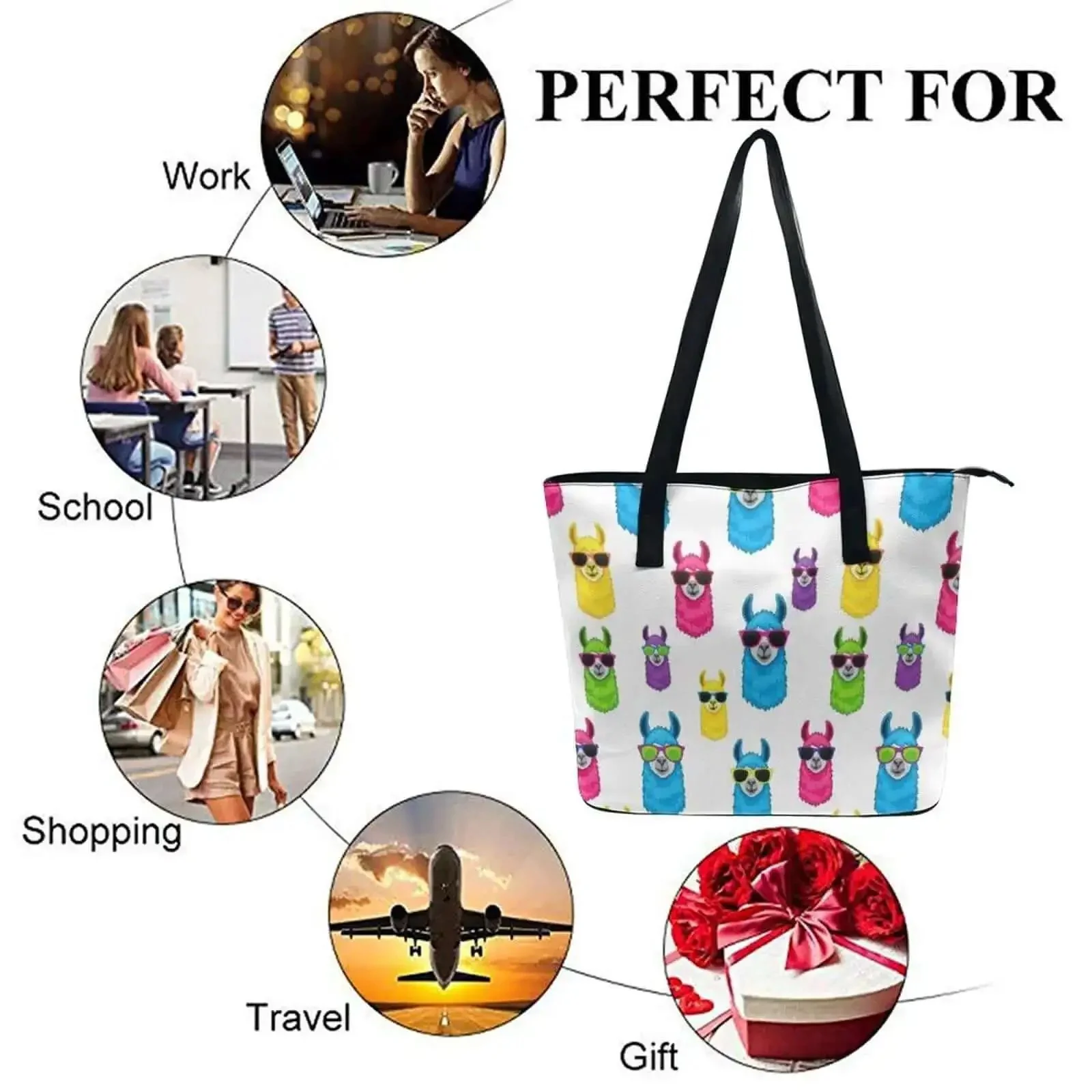 Everyday Leather Tote For Men And Women, Large Capacity Shoulder Bag With Zipper, Lychee Grain Leather, Casual Unisex Handbag Fits Tablet And More, Go-To Work Bag With Rainbow Llama Sunglasses Accent, 11.4 Inches Long - Image 4