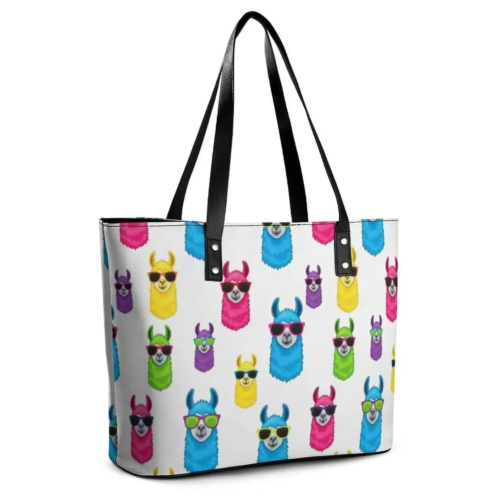 Everyday Leather Tote For Men And Women, Large Capacity Shoulder Bag With Zipper, Lychee Grain Leather, Casual Unisex Handbag Fits Tablet And More, Go-To Work Bag With Rainbow Llama Sunglasses Accent, 11.4 Inches Long - Image 5
