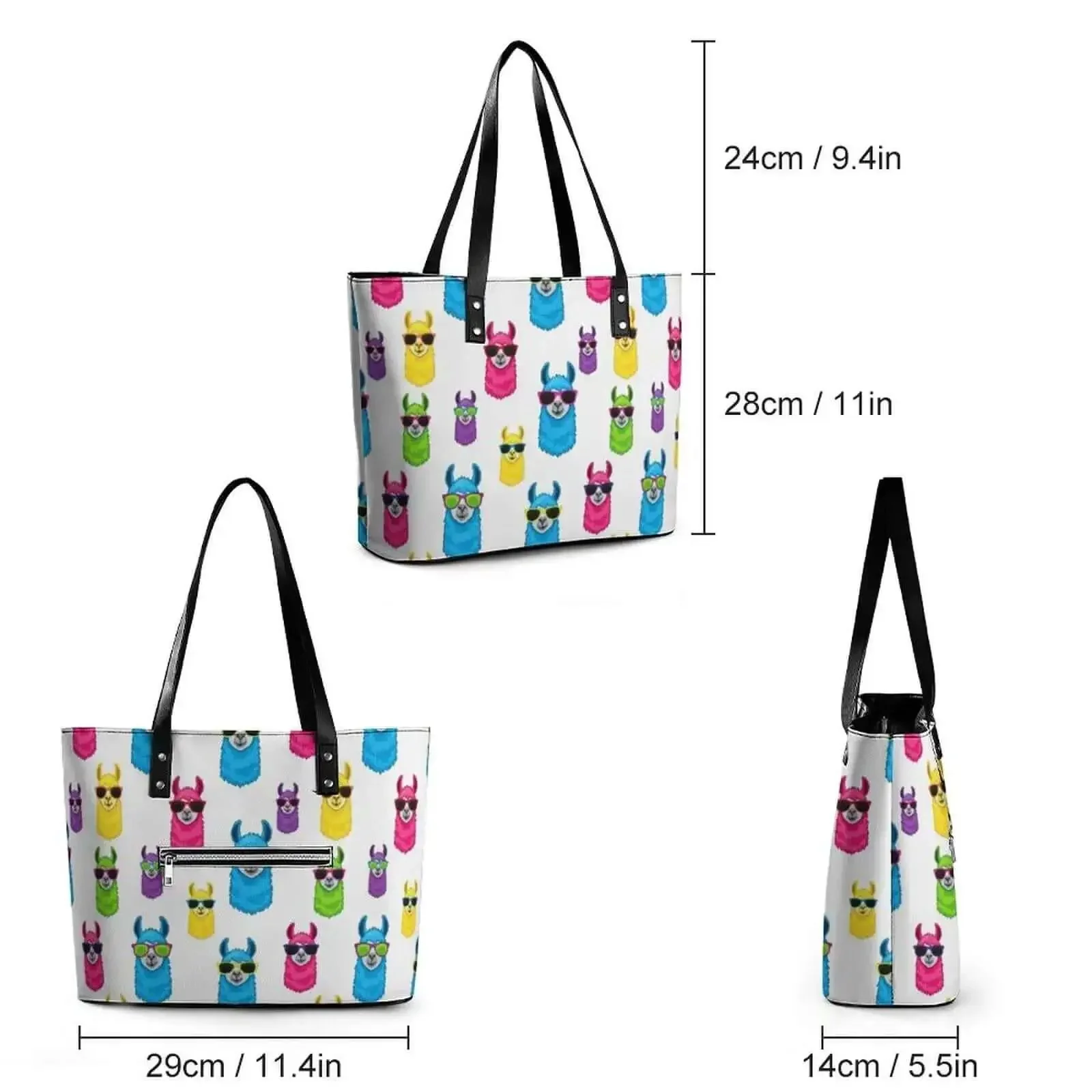 Everyday Leather Tote For Men And Women, Large Capacity Shoulder Bag With Zipper, Lychee Grain Leather, Casual Unisex Handbag Fits Tablet And More, Go-To Work Bag With Rainbow Llama Sunglasses Accent, 11.4 Inches Long - Image 6