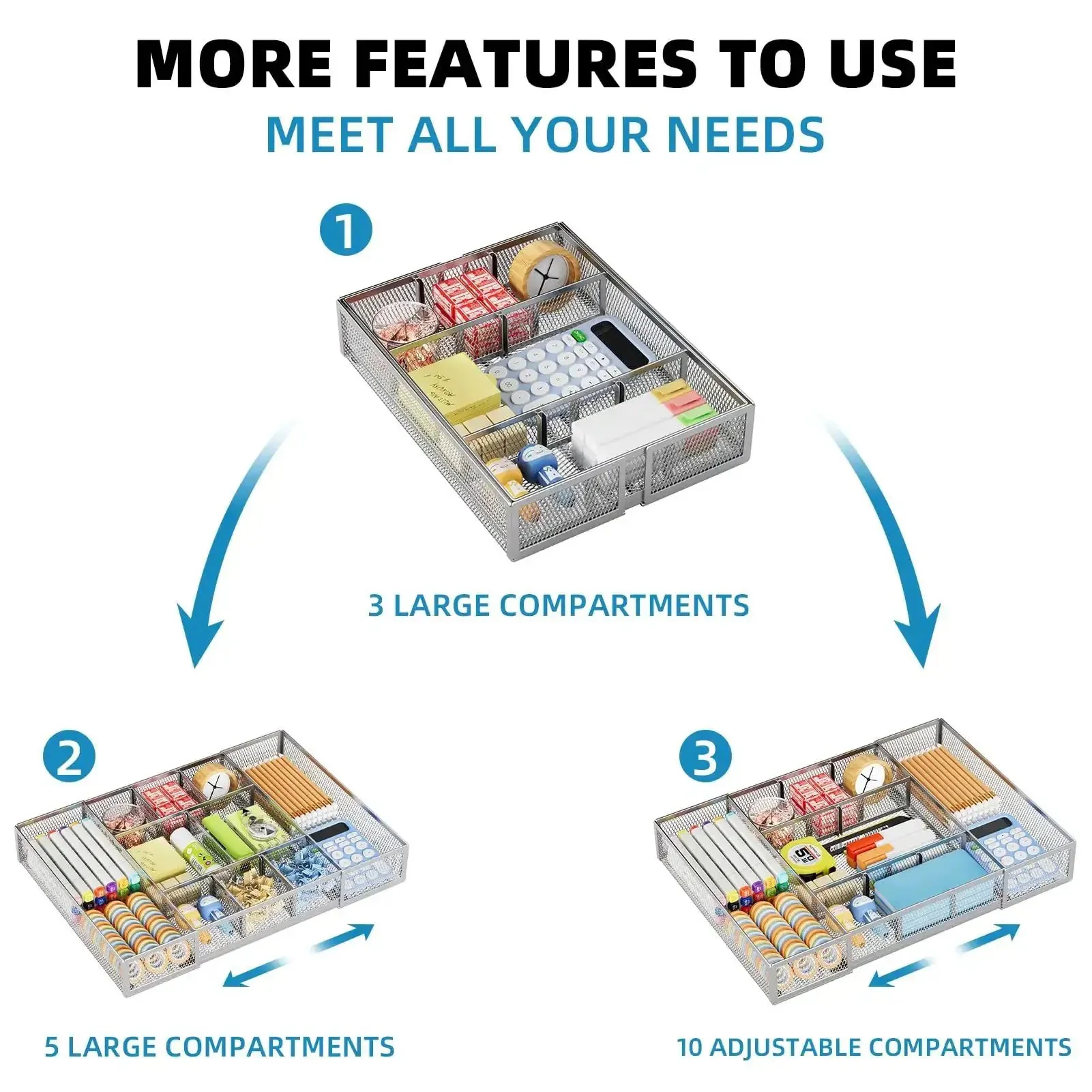 Expandable Desk Drawer Organizer Mesh Tray With 10 Adjustable Compartments Perfect For Office Supplies Makeup And Vanity In One Flexible Storage Solution - Image 5