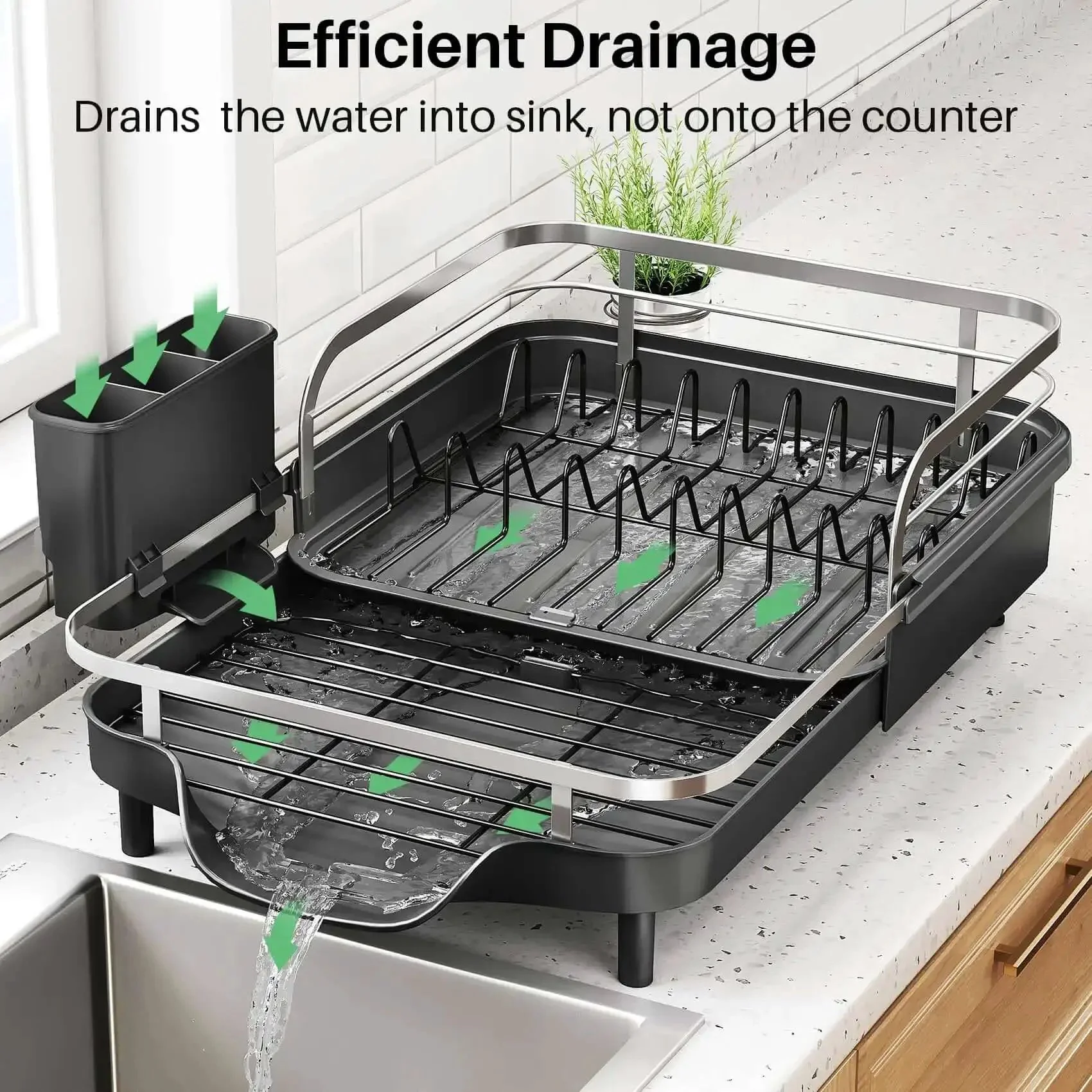Expandable Dish Drying Rack For Kitchen Counter With Drainboard And Utensil Holder, Space Saving Stainless Steel Drainer That Extends From 15.2 Inches To 22.1 Inches, Boss For Small Kitchens Or Big Dish Loads, Keeps Counter Neat And Dry - Image 7