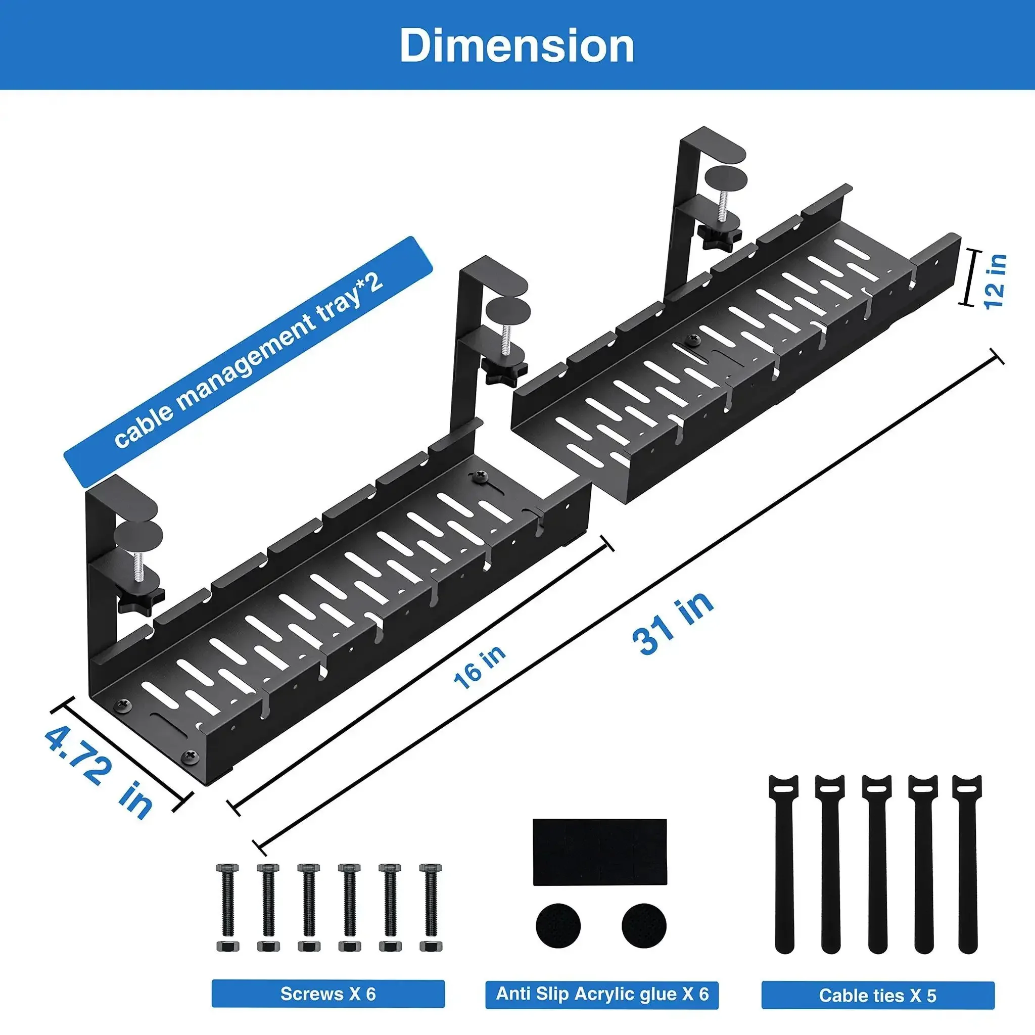 Extendable Under Desk Cable Management Tray With Clamp No Drill Metal Cable Organizer For Wires And Power Strips Retractable Cord Holder 31 Inch Desk Cord Management Solution Black - Image 5