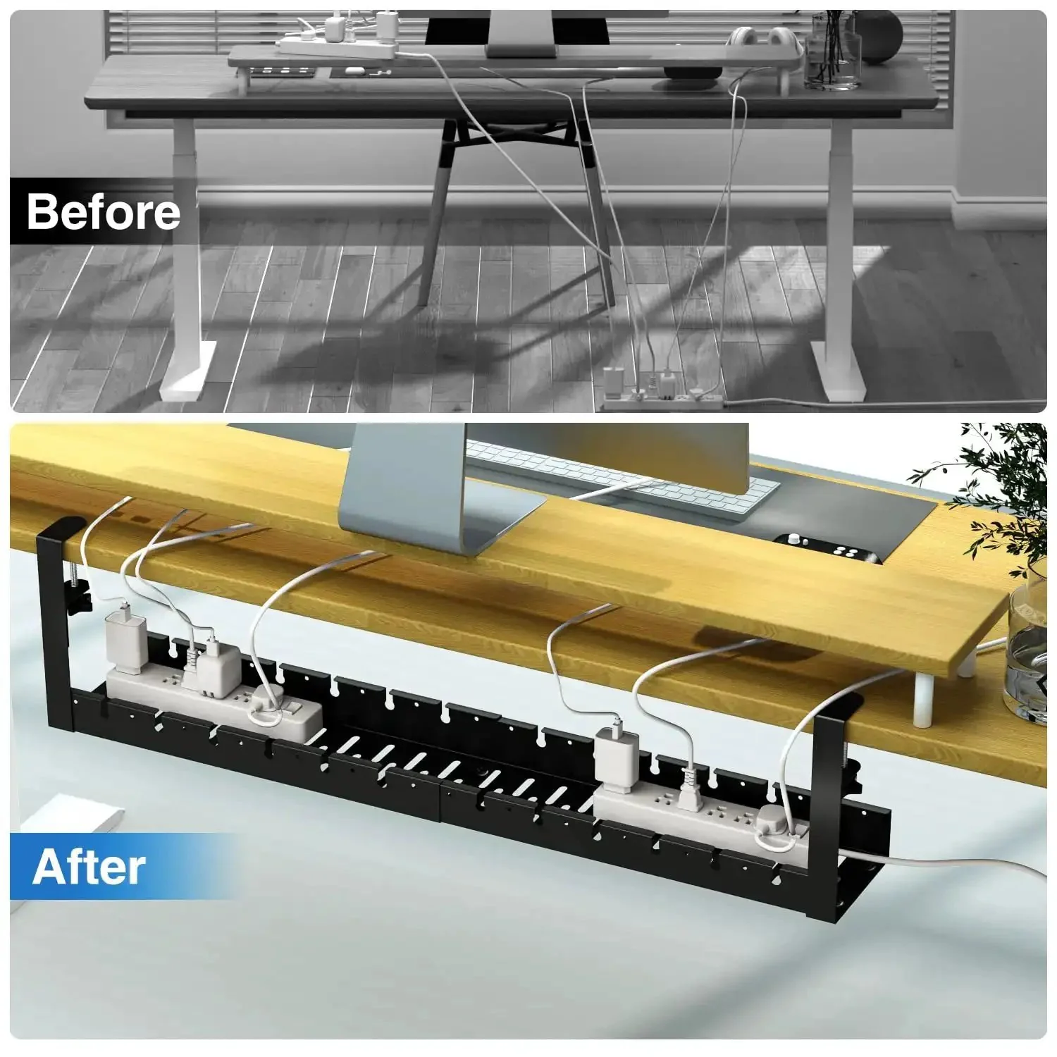 Extendable Under Desk Cable Management Tray With Clamp No Drill Metal Cable Organizer For Wires And Power Strips Retractable Cord Holder 31 Inch Desk Cord Management Solution Black - Image 7