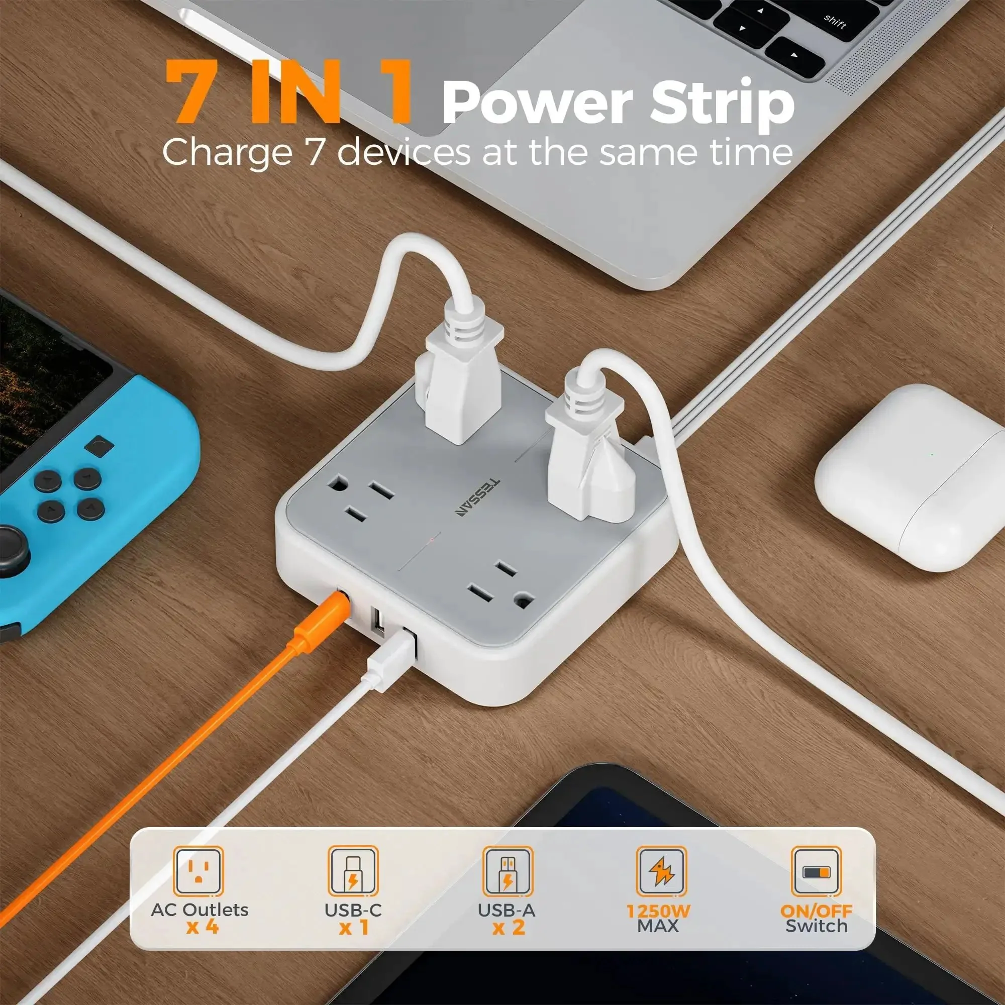 Extension Cord 10 Ft Long Surge Protector Power Strip With 4 Outlets 3 USB Ports Including USB C 900 Joules Protection Flat Cable For Home Office Dorm Room Desktop Charging Station Grey - Image 5