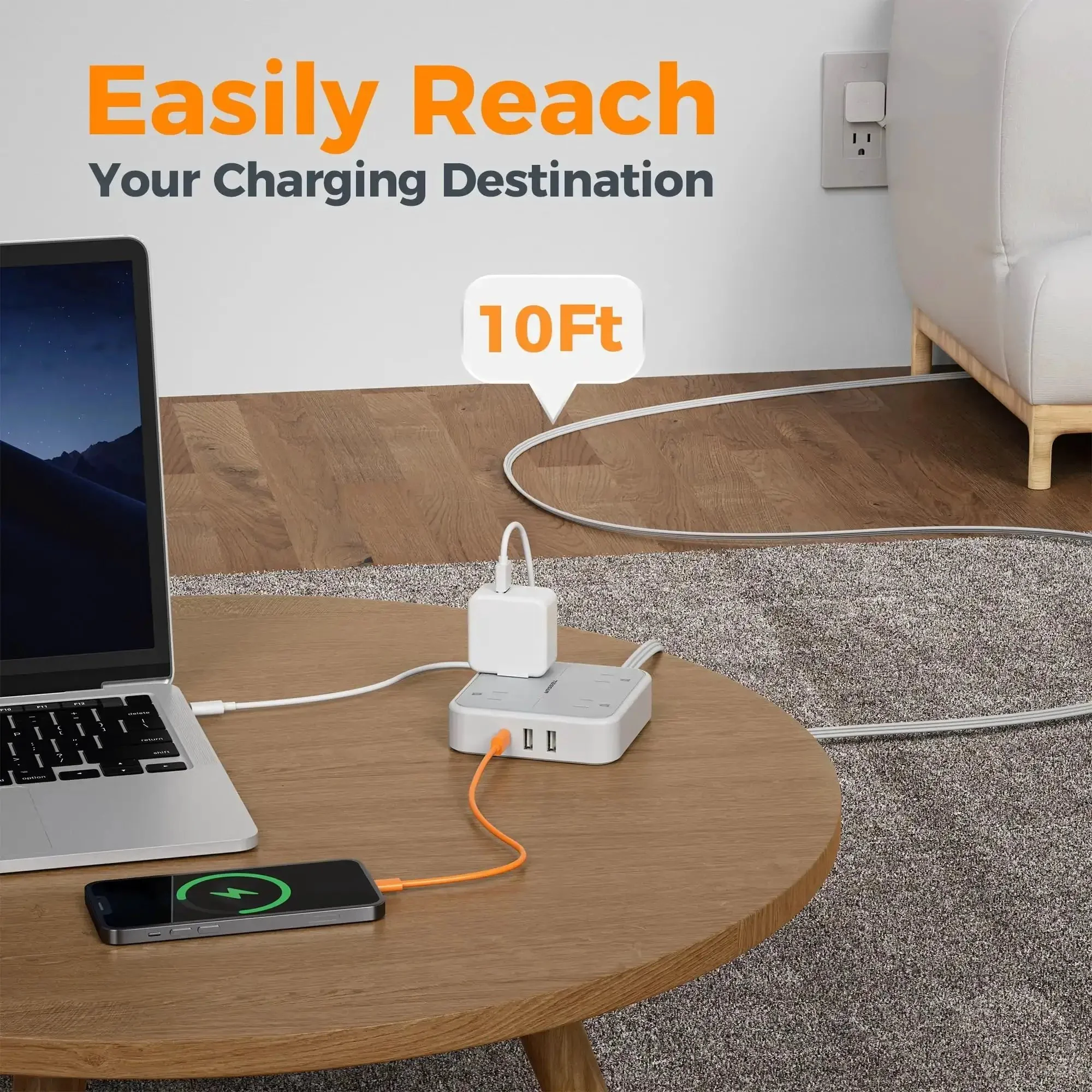 Extension Cord 10 Ft Long Surge Protector Power Strip With 4 Outlets 3 USB Ports Including USB C 900 Joules Protection Flat Cable For Home Office Dorm Room Desktop Charging Station Grey - Image 7
