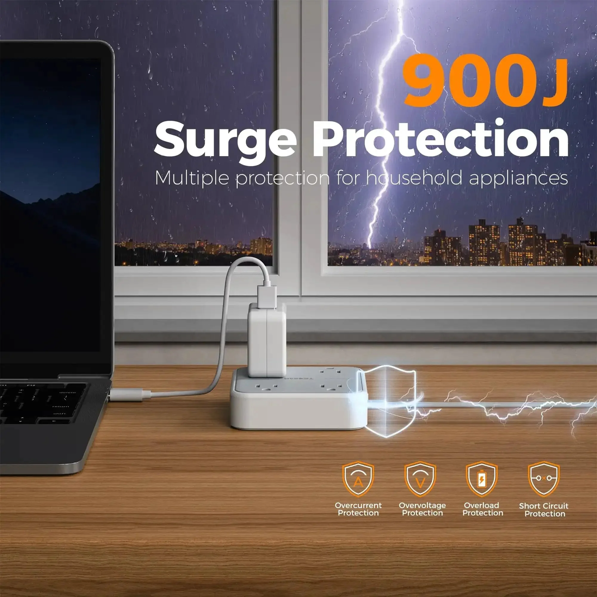 Extension Cord 10 Ft Long Surge Protector Power Strip With 4 Outlets 3 USB Ports Including USB C 900 Joules Protection Flat Cable For Home Office Dorm Room Desktop Charging Station Grey - Image 8