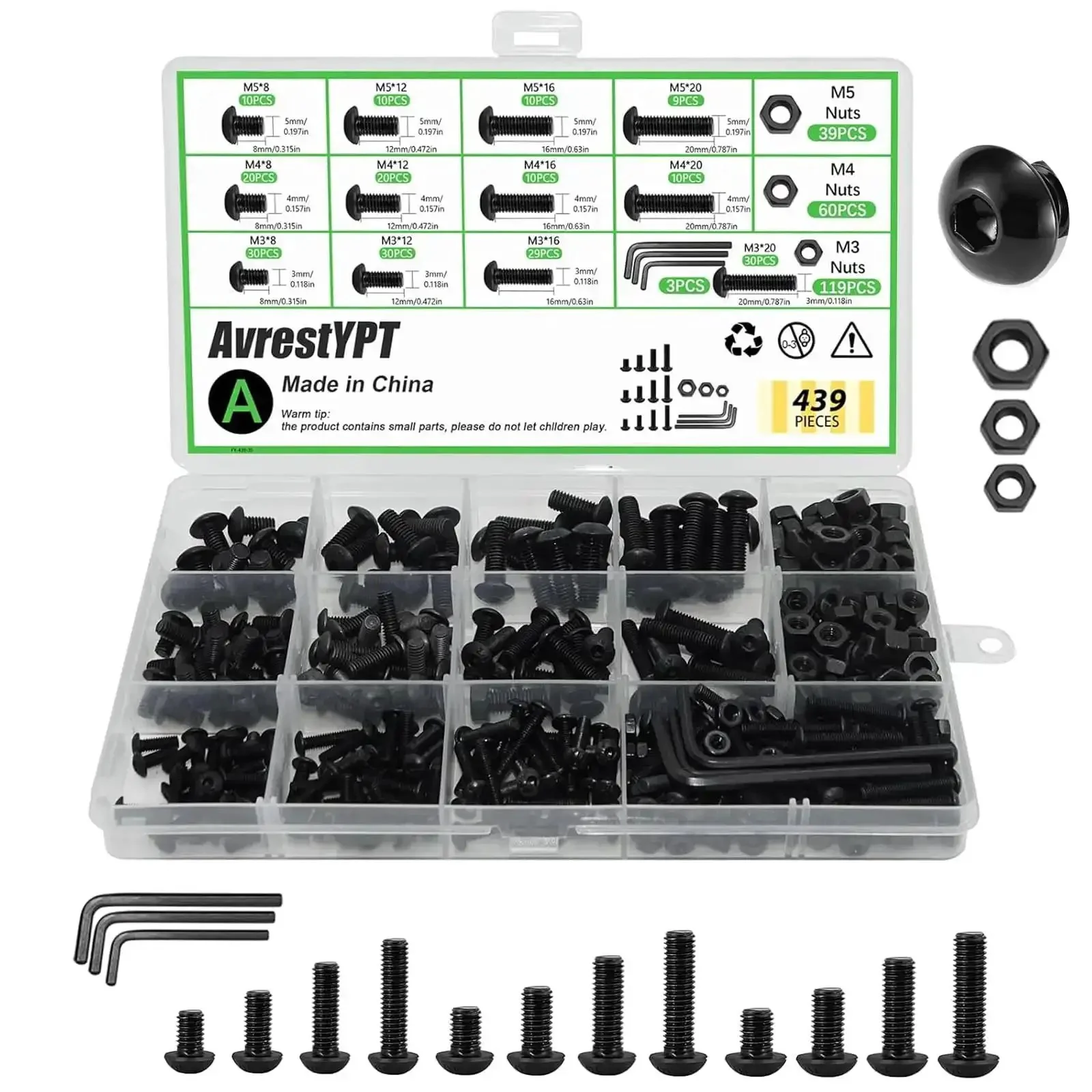 Extensive 439 Piece Metric Bolt and Nut Kit With M3 M4 M5 Screws Lock and Flat Washers Pro Grade 10.9 Alloy Steel Hex Socket Button Head Silver Finish Ideal for Hardware Projects 3D Printing and DIY Repairs
