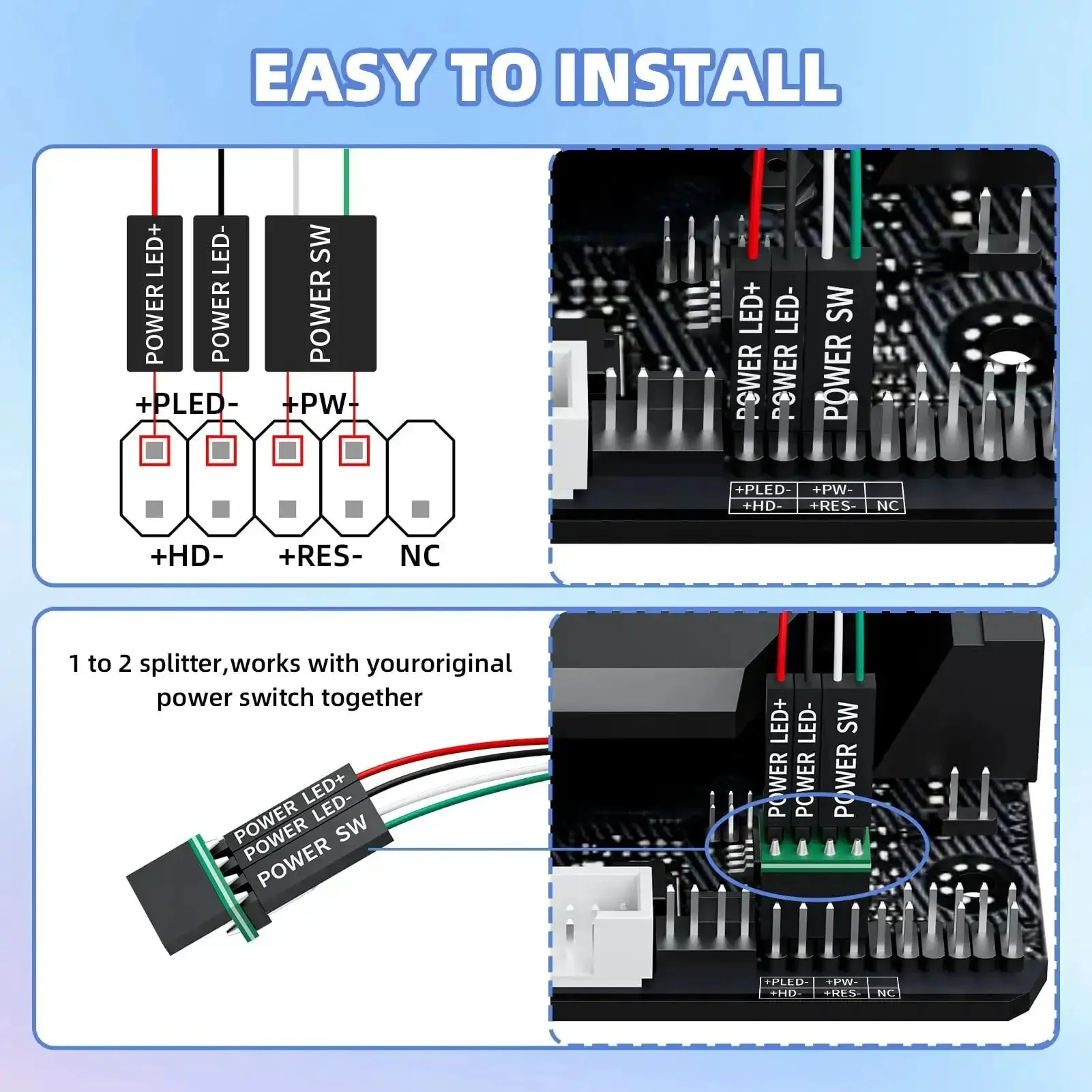 External Desktop PC Power Button With 118-Inch Cable And LED Indicator, Deskside Power Switch For Hard-To-Reach Cases, 4 Pin Power SW LED Plus Compatible With ATX Motherboards, Adhesive Mount, Cable Splitter - Image 5