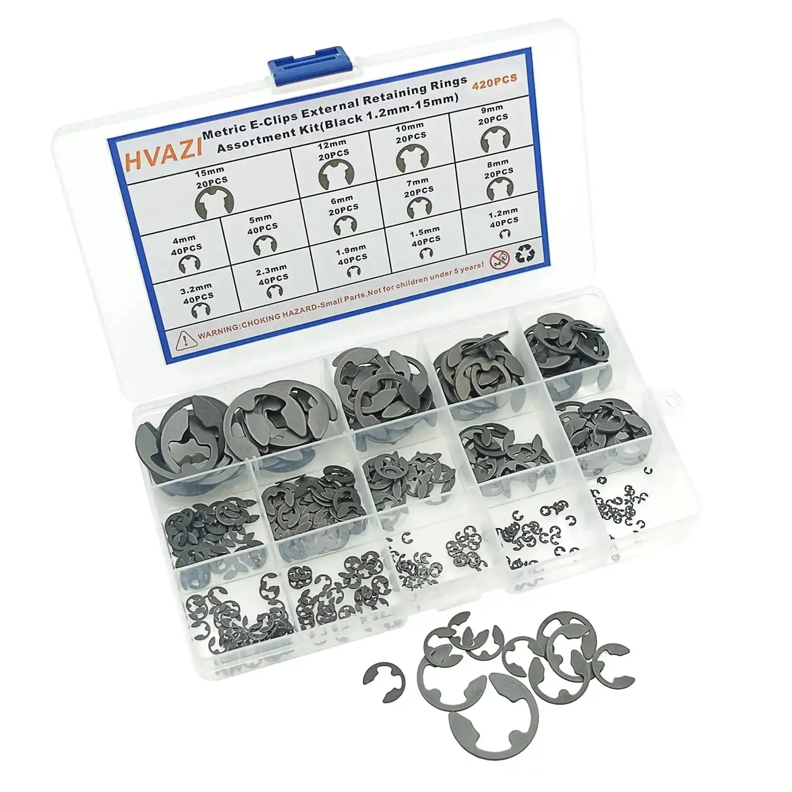 External E Clips Retaining Rings Kit, 420-Piece Metric Assortment From 1.2mm To 15mm, 14 Sizes, DIN 6799 Black Phosphate Finish, Pro Grade for DIYers, Tough Metal Clips for Automotive, Machinery, and DIY Projects - Image 3