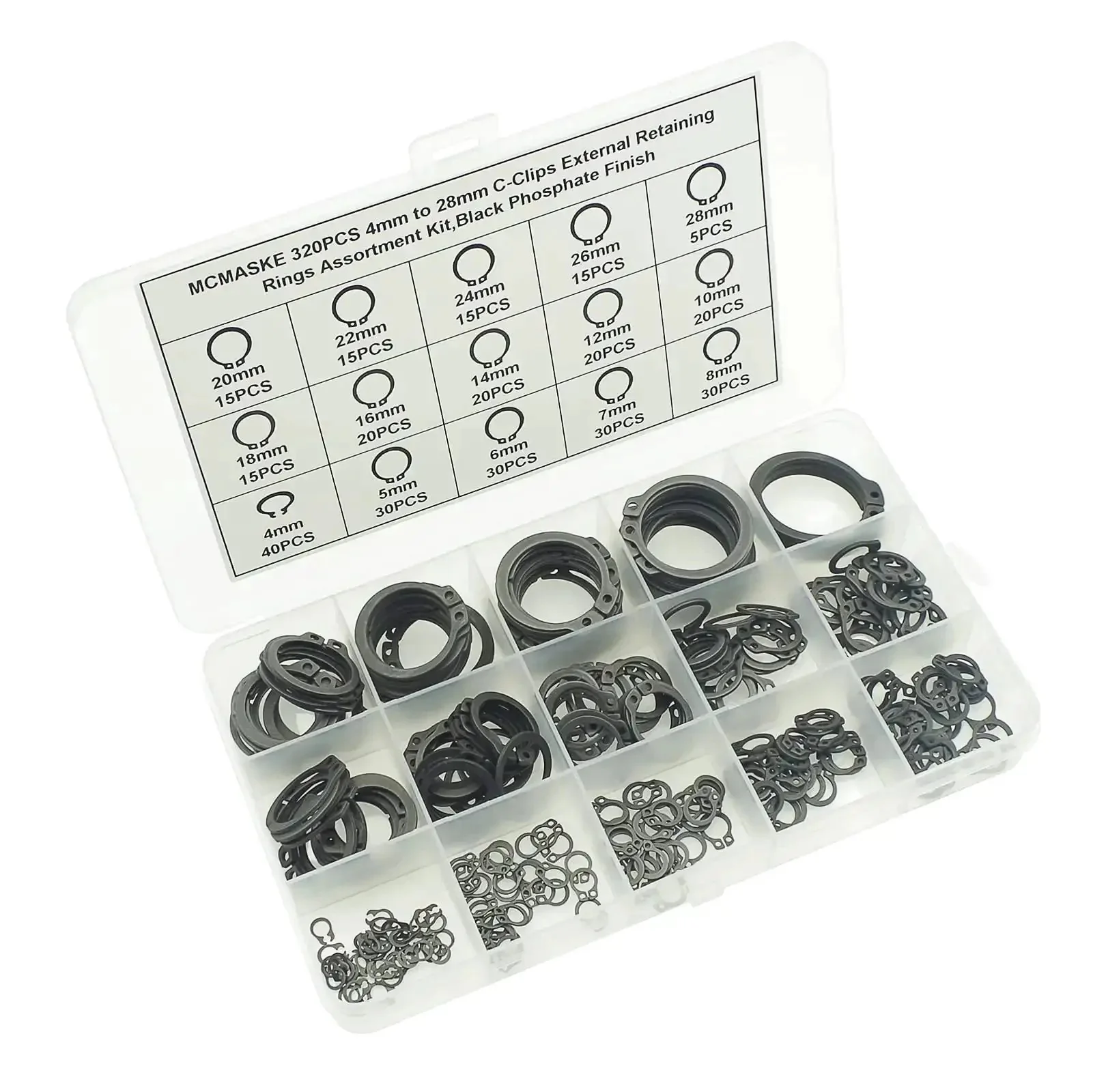 External Retaining Ring Kit With 320 Pieces In 15 Metric Sizes From 4mm To 28mm C Clips Assortment For Shafts Carbon Spring Steel With Black Phosphate Finish Durable, Easy To Use, Great For Quick Fixes And Everyday Projects - Image 3