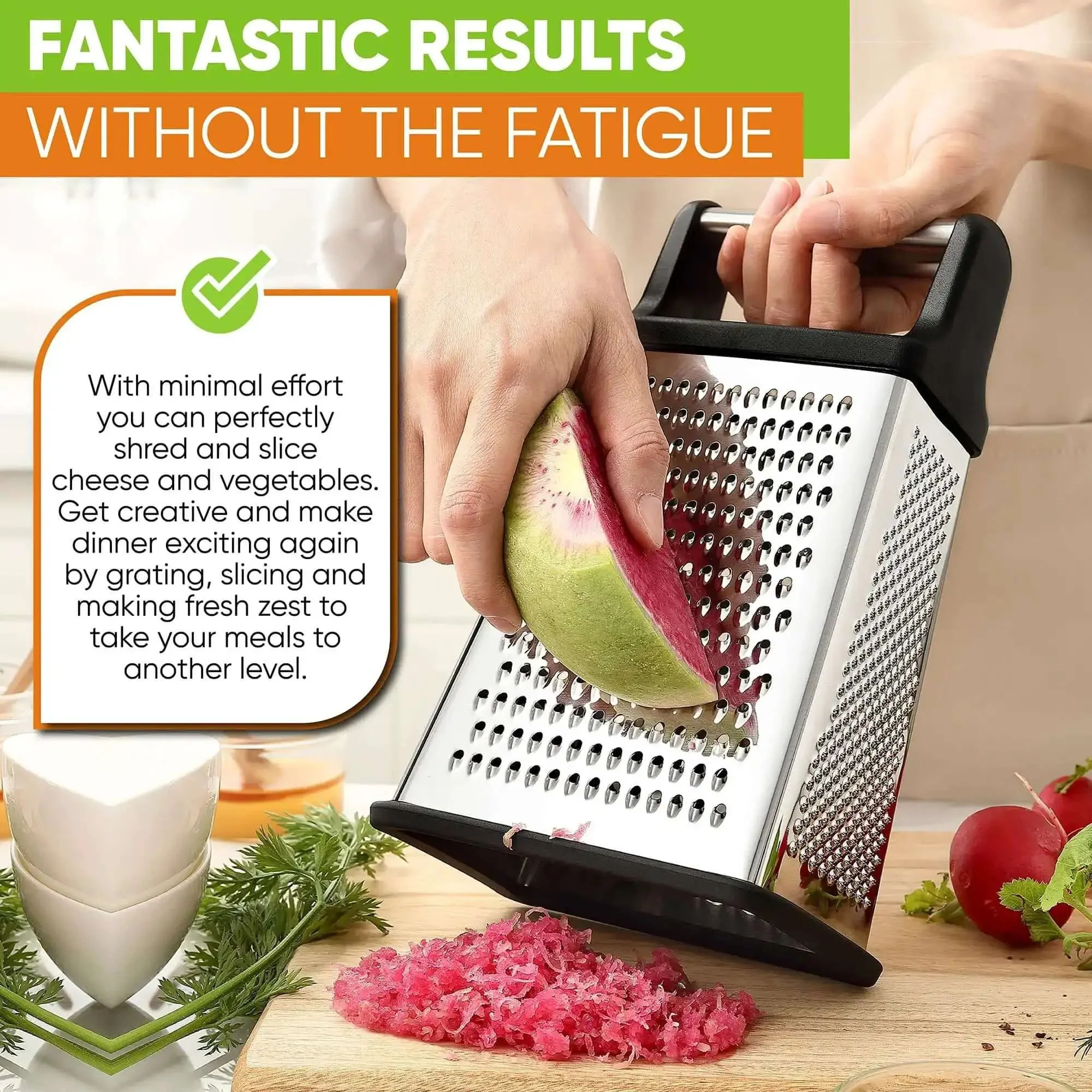 Extra Large Four Sided Stainless Steel Box Grater For Parmesan, Vegetables And Ginger, Dishwasher Safe, Fatigue Free Grating, Quick Prep, Grate Like A Boss At Home - Image 4