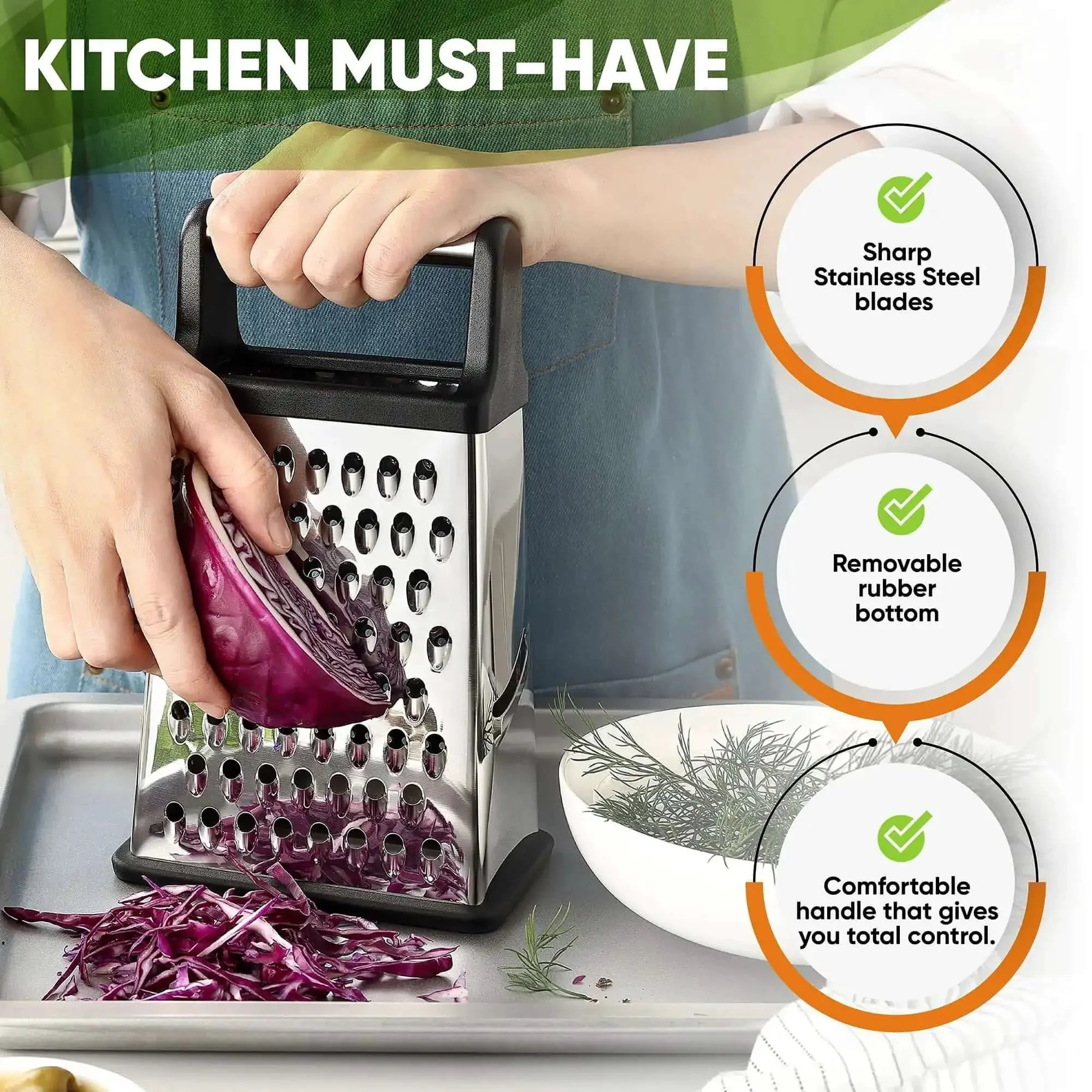 Extra Large Four Sided Stainless Steel Box Grater For Parmesan, Vegetables And Ginger, Dishwasher Safe, Fatigue Free Grating, Quick Prep, Grate Like A Boss At Home - Image 8