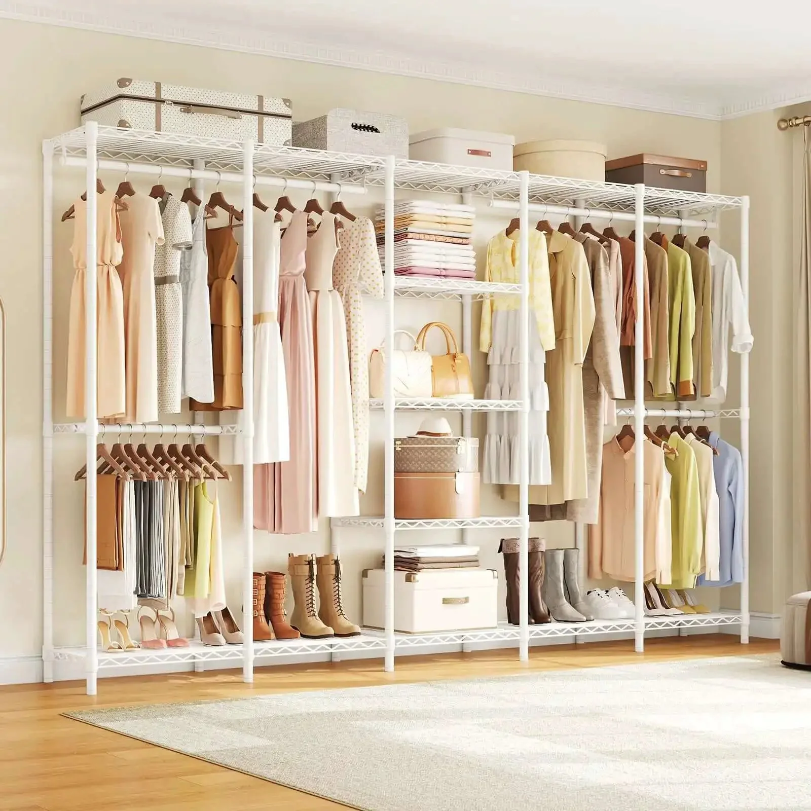 Extra Large Industrial Pipe Clothing Rack With Five Tier Shelves And Hanging Rods Freestanding Portable Closet Organizer System 88.6 Inches Wide Beefed Up Heavy Duty Wardrobe Holds Up To 1300 Lbs White