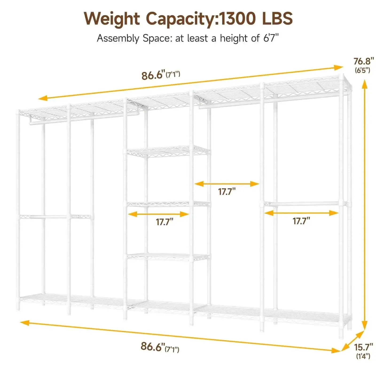 Extra Large Industrial Pipe Clothing Rack With Five Tier Shelves And Hanging Rods Freestanding Portable Closet Organizer System 88.6 Inches Wide Beefed Up Heavy Duty Wardrobe Holds Up To 1300 Lbs White - Image 9