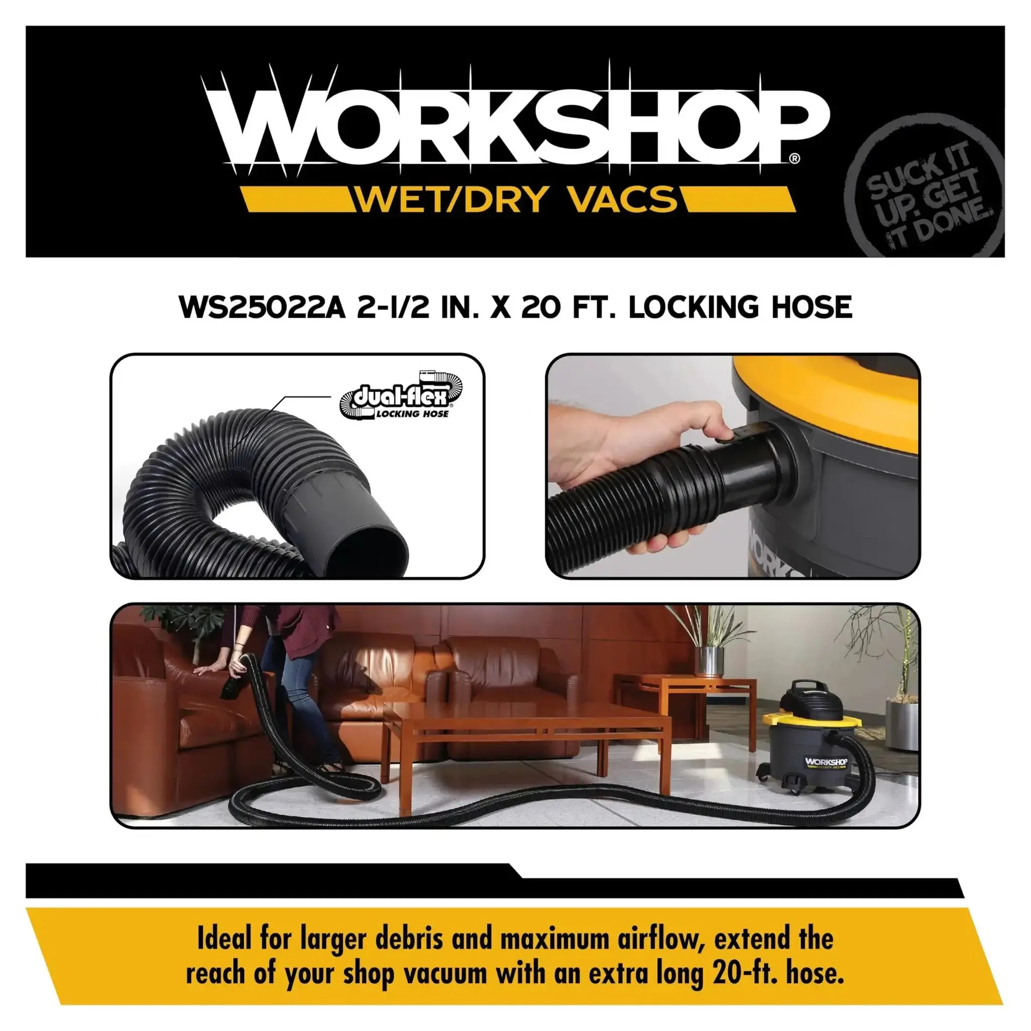 Extra Long Locking Hose Attachment For Wet Dry Shop Vacuum Cleaners With Heavy Duty Build And Two And A Half Inch By Twenty Foot Reach And Universal Adapters That Fit Most Two And A Half Inch Inlet Ports - Image 7