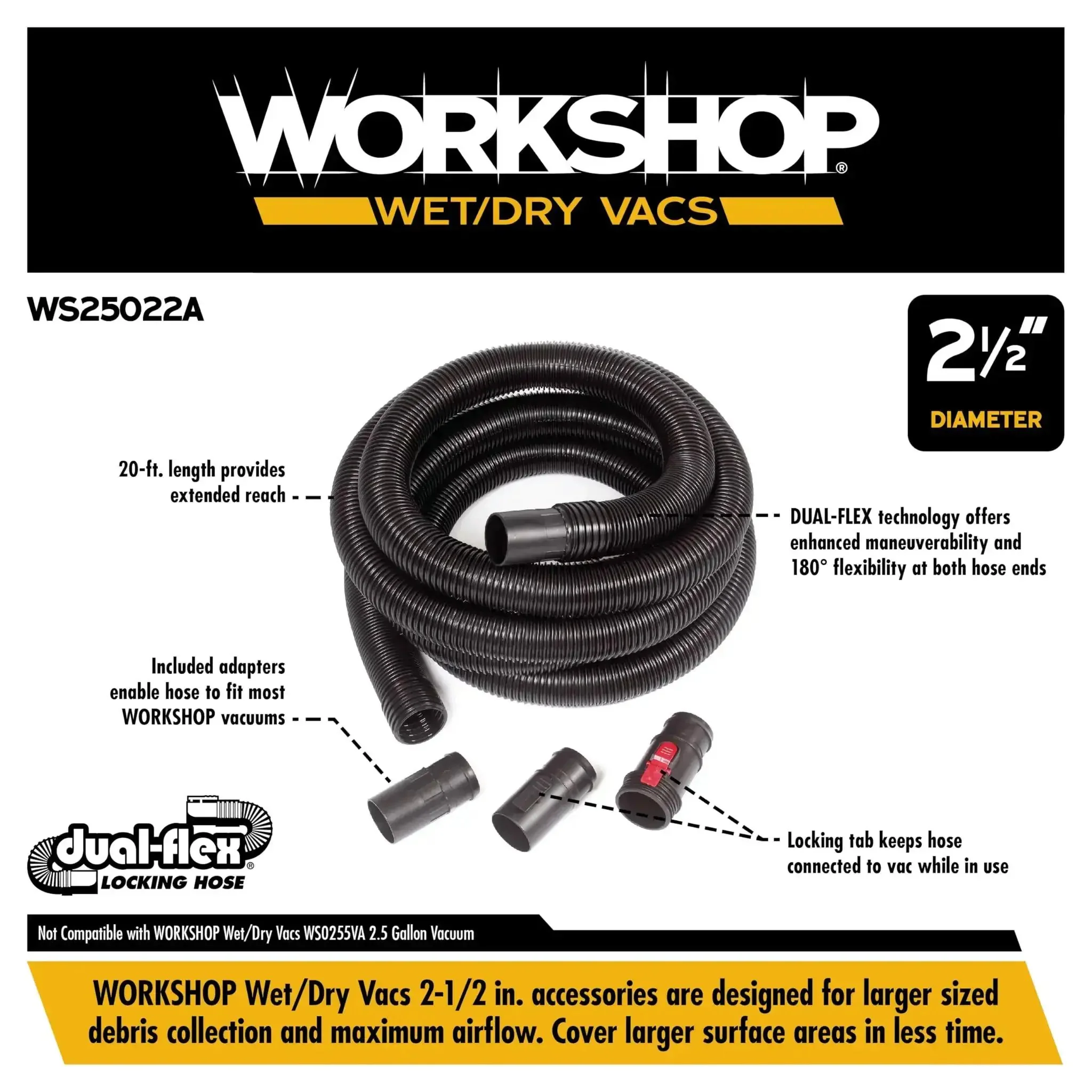 Extra Long Locking Hose Attachment For Wet Dry Shop Vacuum Cleaners With Heavy Duty Build And Two And A Half Inch By Twenty Foot Reach And Universal Adapters That Fit Most Two And A Half Inch Inlet Ports - Image 8