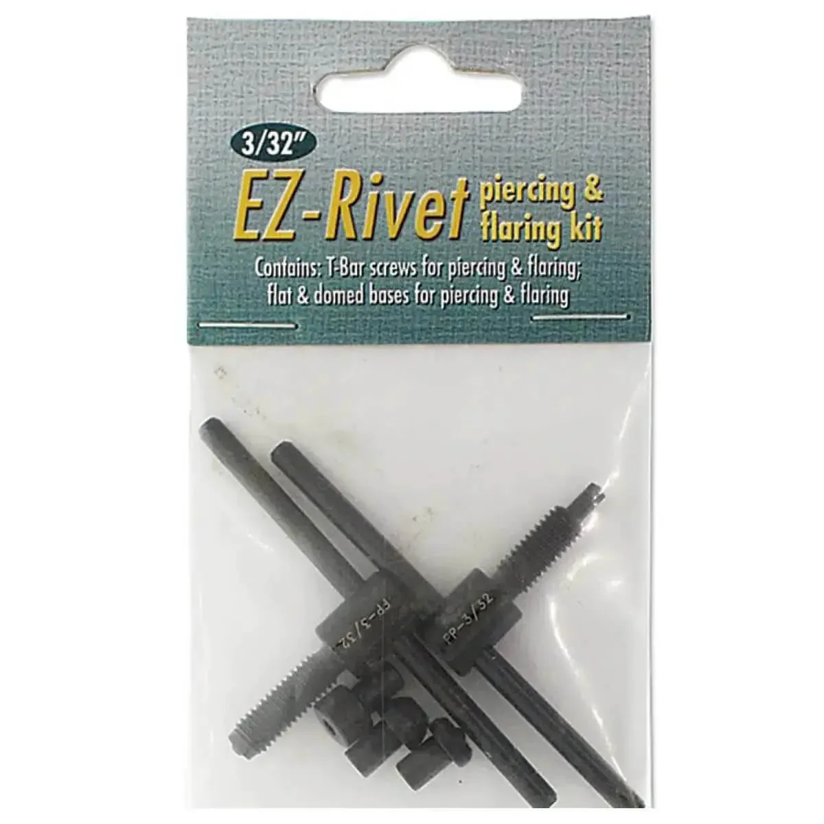 EZ Rivet Piercing And Flaring Kit Maker Friendly With Three Thirty Second Inch T Bar Screws And Flat And Domed Bases For Piercing And Flaring Domed Base For Rings Flat Base For Sheet Metal Up To Eighteen Gauge