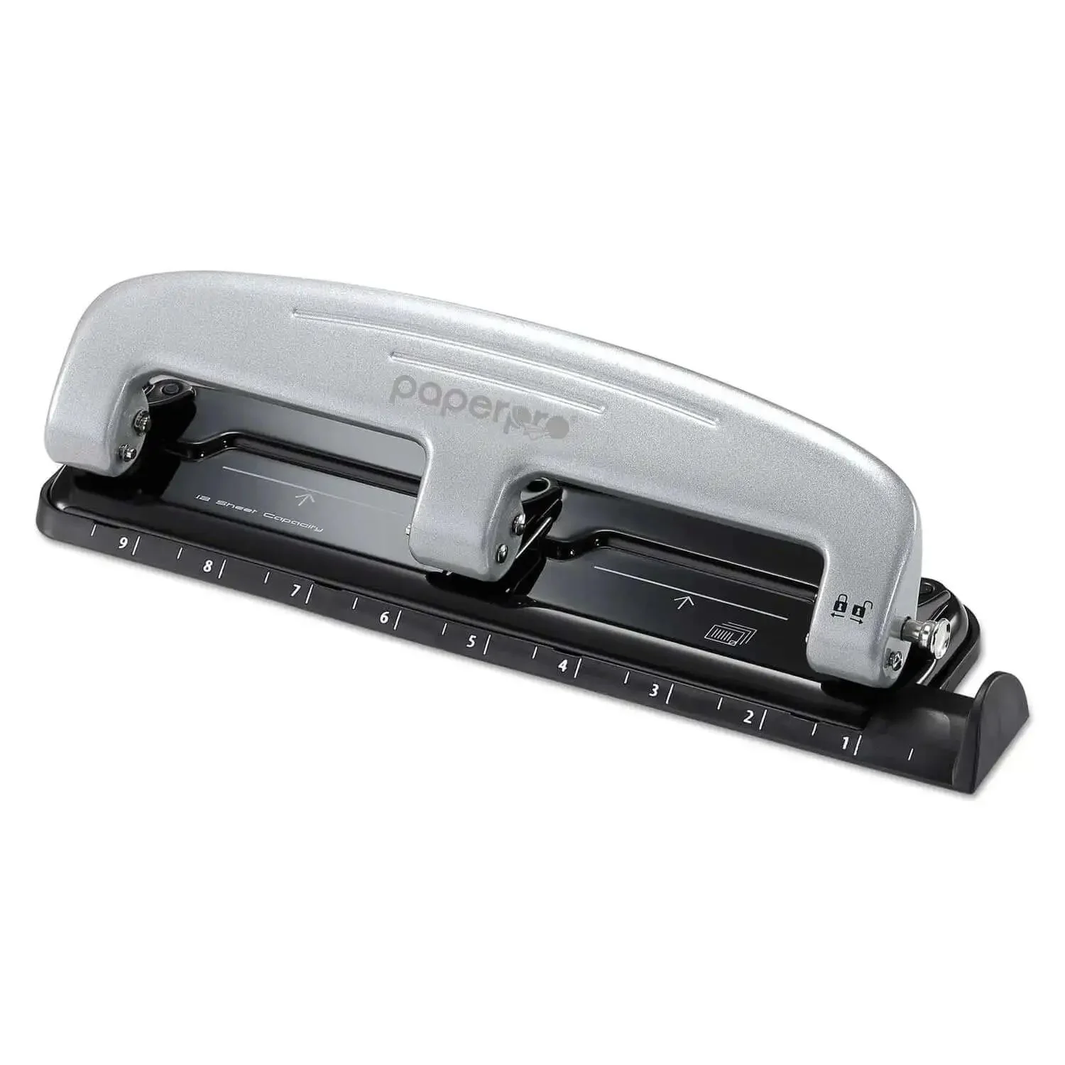 EZ Squeeze 12 Sheet Three Hole Punch With No Jam Tech, All Metal Office Punch For 12 Sheets, Built In Ruler And Paper Guide, Reduced Effort Punch, Silver And Black