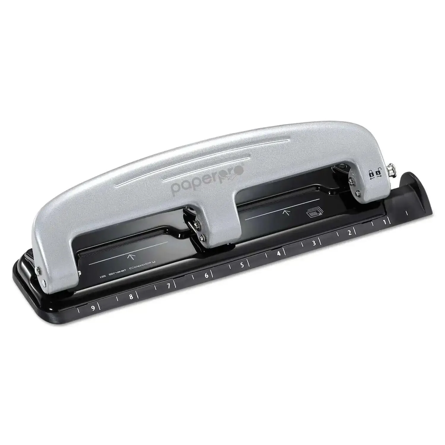 EZ Squeeze 12 Sheet Three Hole Punch With No Jam Tech, All Metal Office Punch For 12 Sheets, Built In Ruler And Paper Guide, Reduced Effort Punch, Silver And Black - Image 5