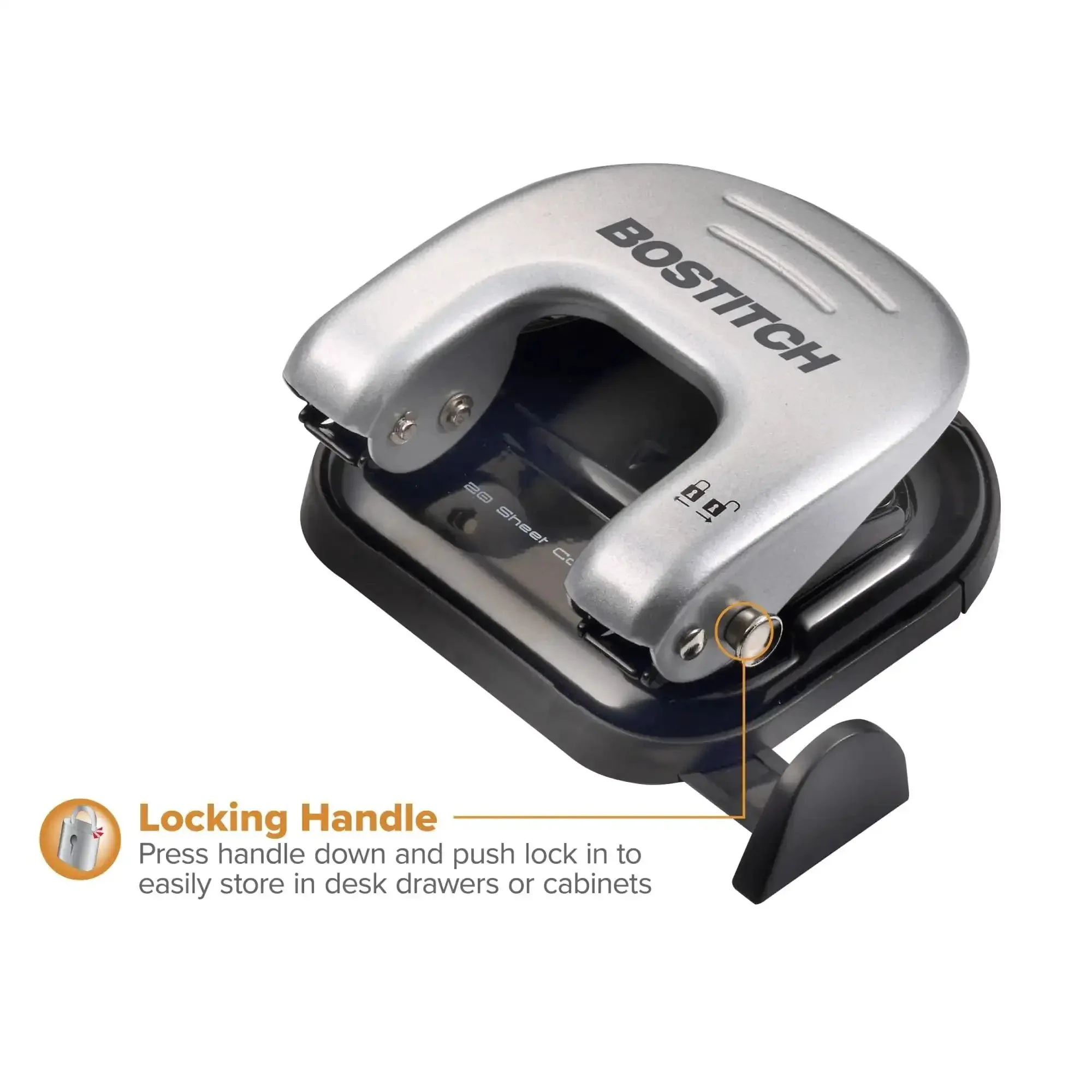 EZ Squeeze Reduced Effort Two Hole Punch For Home Office With No Jam Technology, Puts Down Up To 2 Sheets Per Punch, Durable Metal Construction, Locking Handle, Easy Clean Chip Tray, Compact Desk Staple - Image 6