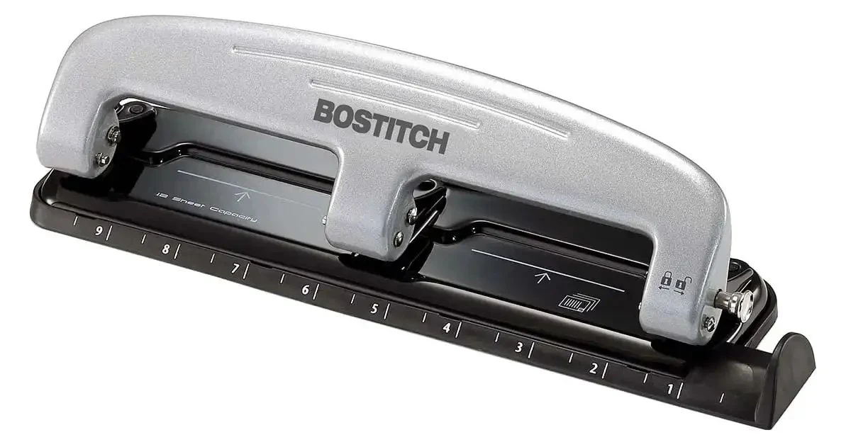 EZ Squeeze Three Hole Punch For 12 Sheets No Jam 50 Percent Less Force Heavy Duty Metal Construction With Built In Ruler And Document Guide For Quick Smooth 3 Hole Punching In Home Or Office