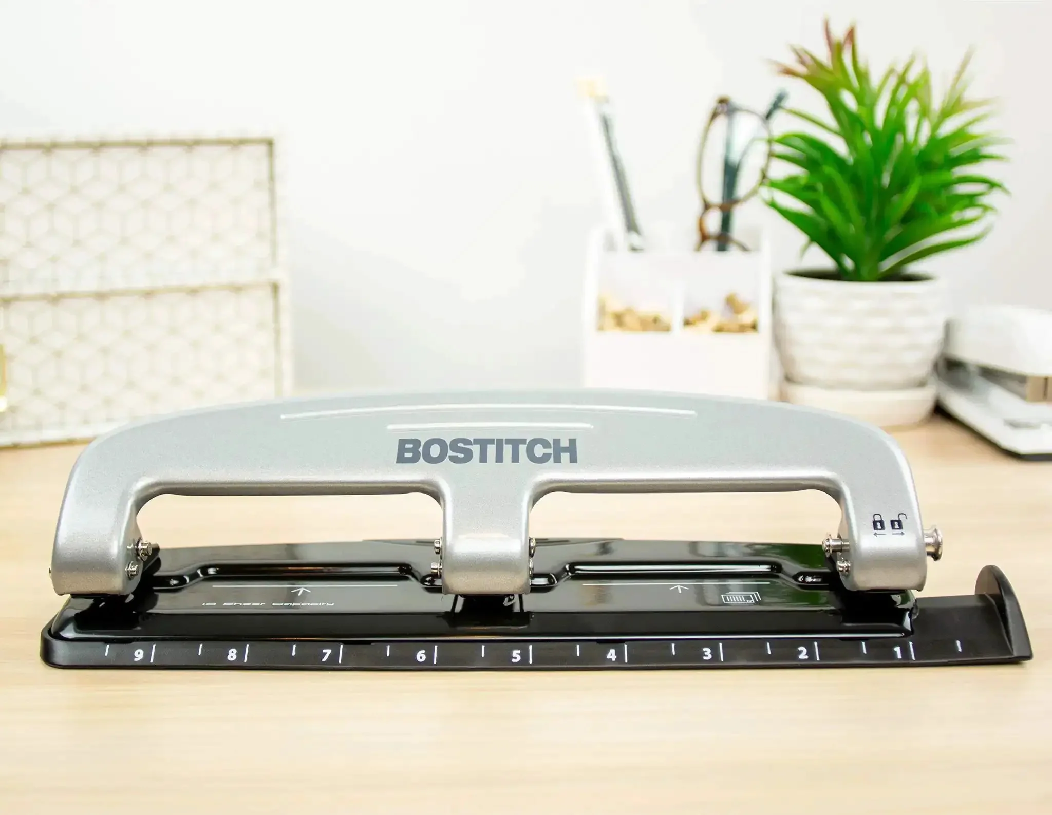 EZ Squeeze Three Hole Punch For 12 Sheets No Jam 50 Percent Less Force Heavy Duty Metal Construction With Built In Ruler And Document Guide For Quick Smooth 3 Hole Punching In Home Or Office - Image 2