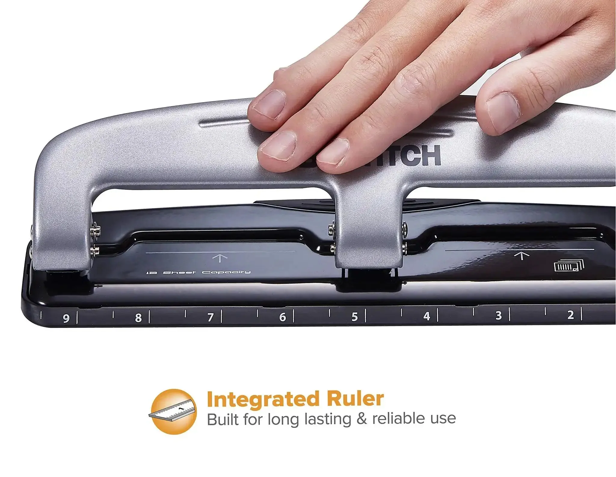 EZ Squeeze Three Hole Punch For 12 Sheets No Jam 50 Percent Less Force Heavy Duty Metal Construction With Built In Ruler And Document Guide For Quick Smooth 3 Hole Punching In Home Or Office - Image 3