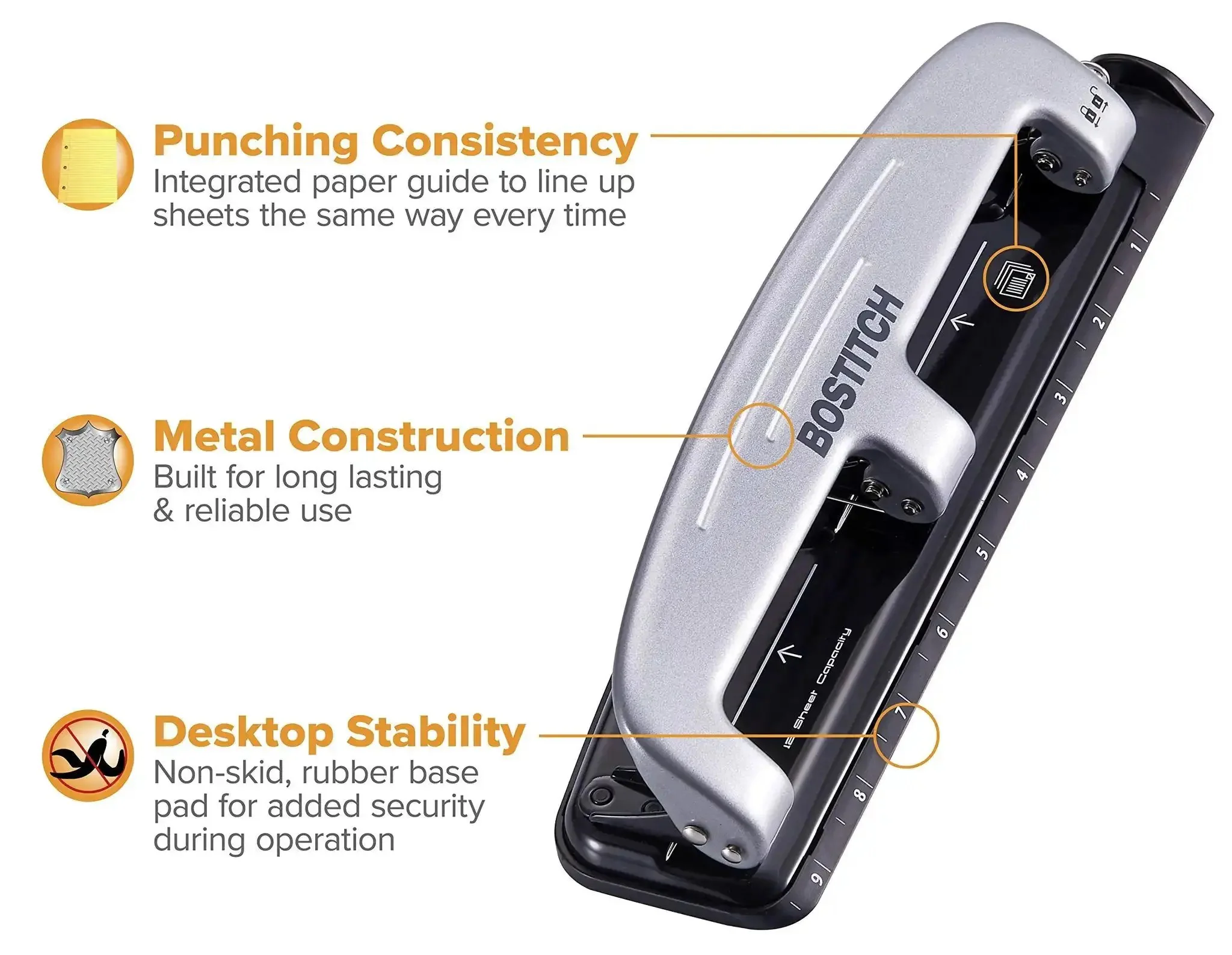 EZ Squeeze Three Hole Punch For 12 Sheets No Jam 50 Percent Less Force Heavy Duty Metal Construction With Built In Ruler And Document Guide For Quick Smooth 3 Hole Punching In Home Or Office - Image 5
