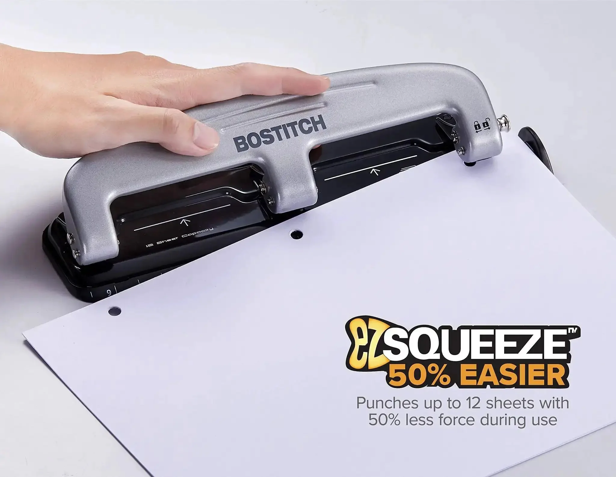 EZ Squeeze Three Hole Punch For 12 Sheets No Jam 50 Percent Less Force Heavy Duty Metal Construction With Built In Ruler And Document Guide For Quick Smooth 3 Hole Punching In Home Or Office - Image 7
