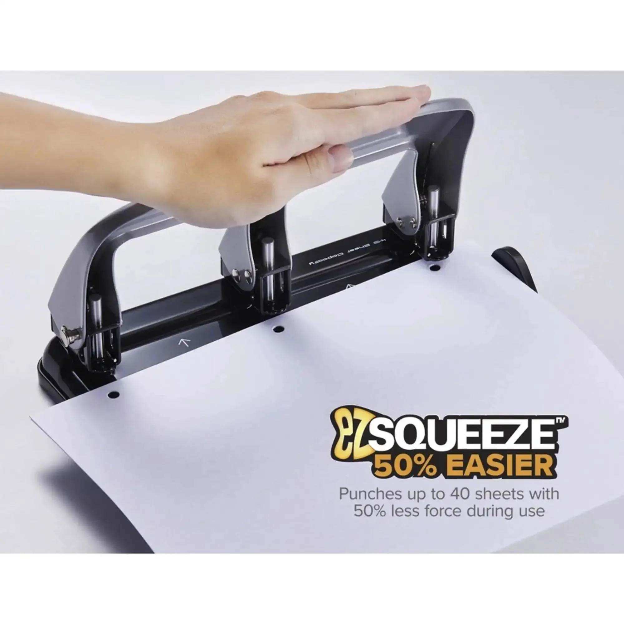 EZ Squeeze Three Hole Punch With No Jam Technology Pushing Through 40 Sheets Effortlessly For Home Office Use Heavy Duty Metal Office Punch For Fast Clean Holes Black And Silver - Image 3