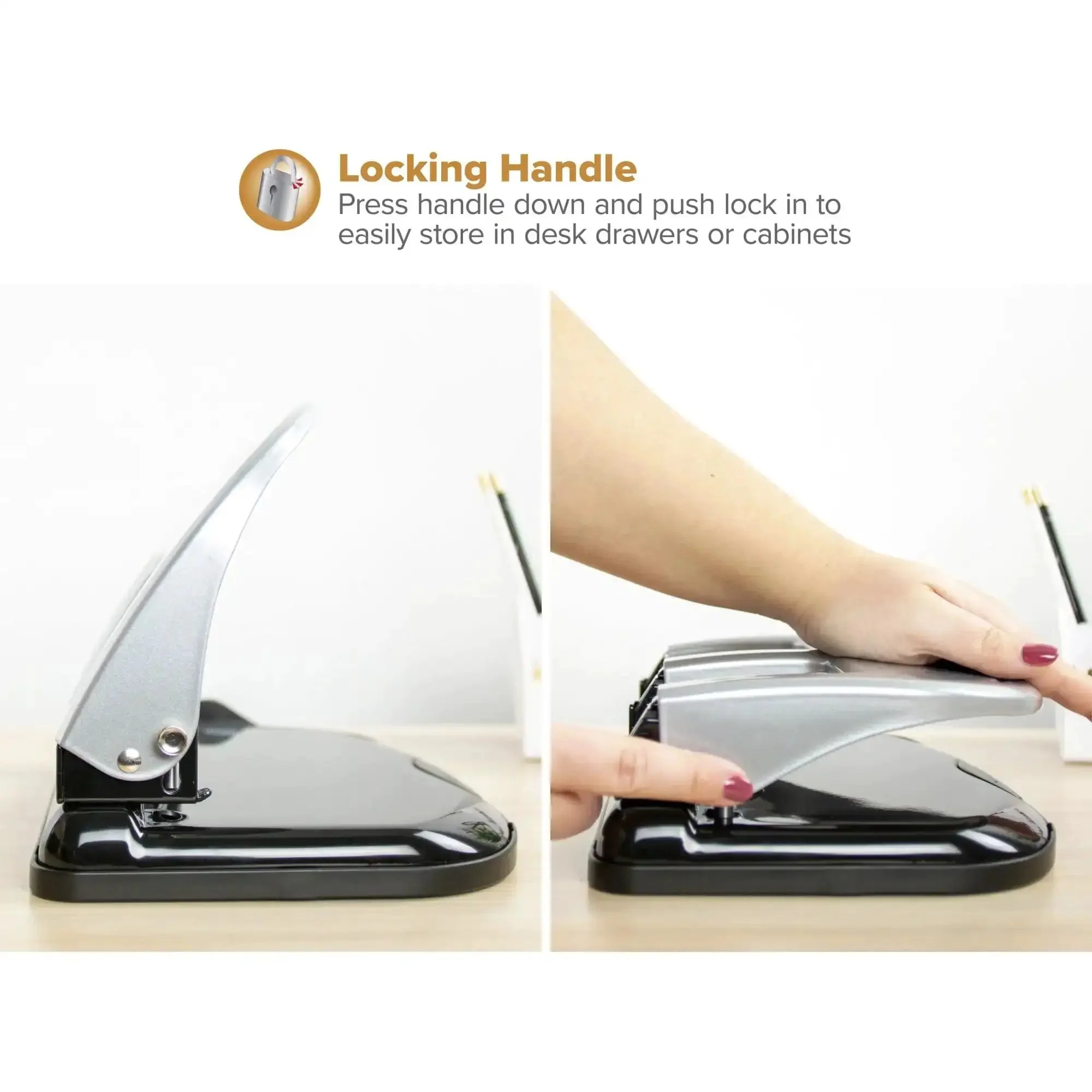 EZ Squeeze Three Hole Punch With No Jam Technology Pushing Through 40 Sheets Effortlessly For Home Office Use Heavy Duty Metal Office Punch For Fast Clean Holes Black And Silver - Image 4
